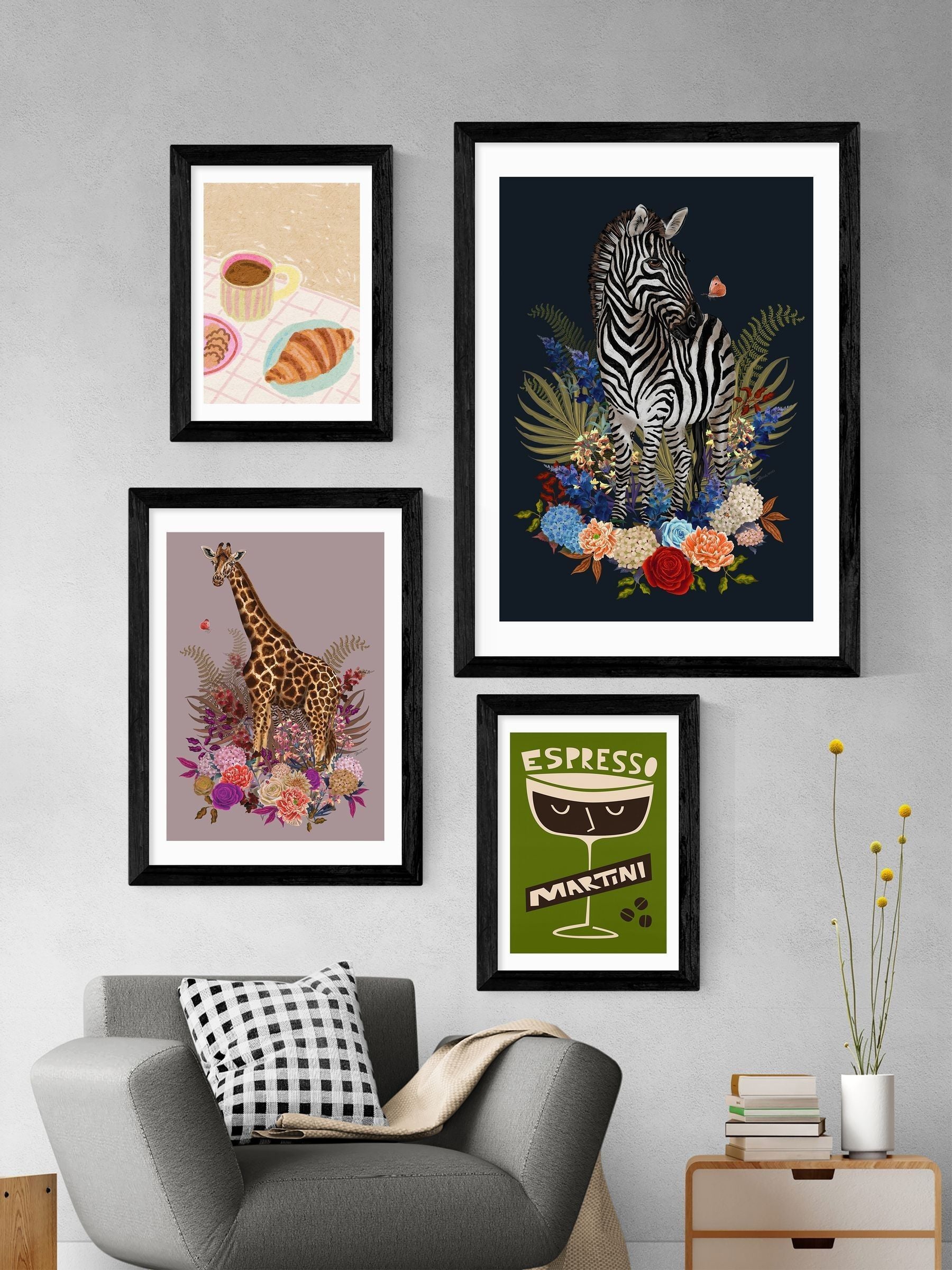 East End Prints Black Giraffe Floral Pink by Becca Who