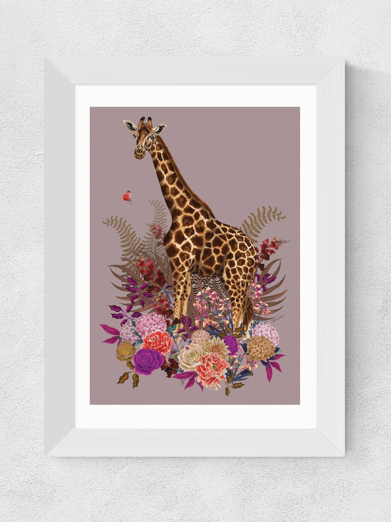 East End Prints White Giraffe Floral Pink Wall Art by Becca Who