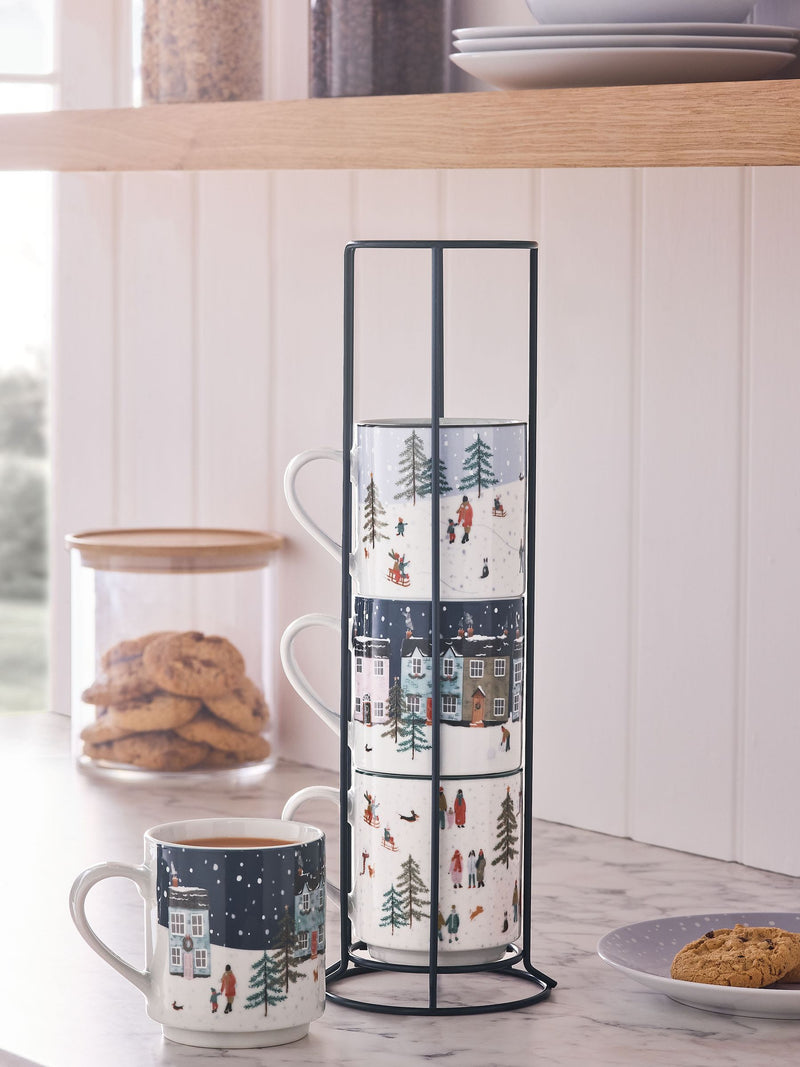 Set of 4 Navy Winter Scene Stacking Mugs with Wire Stand