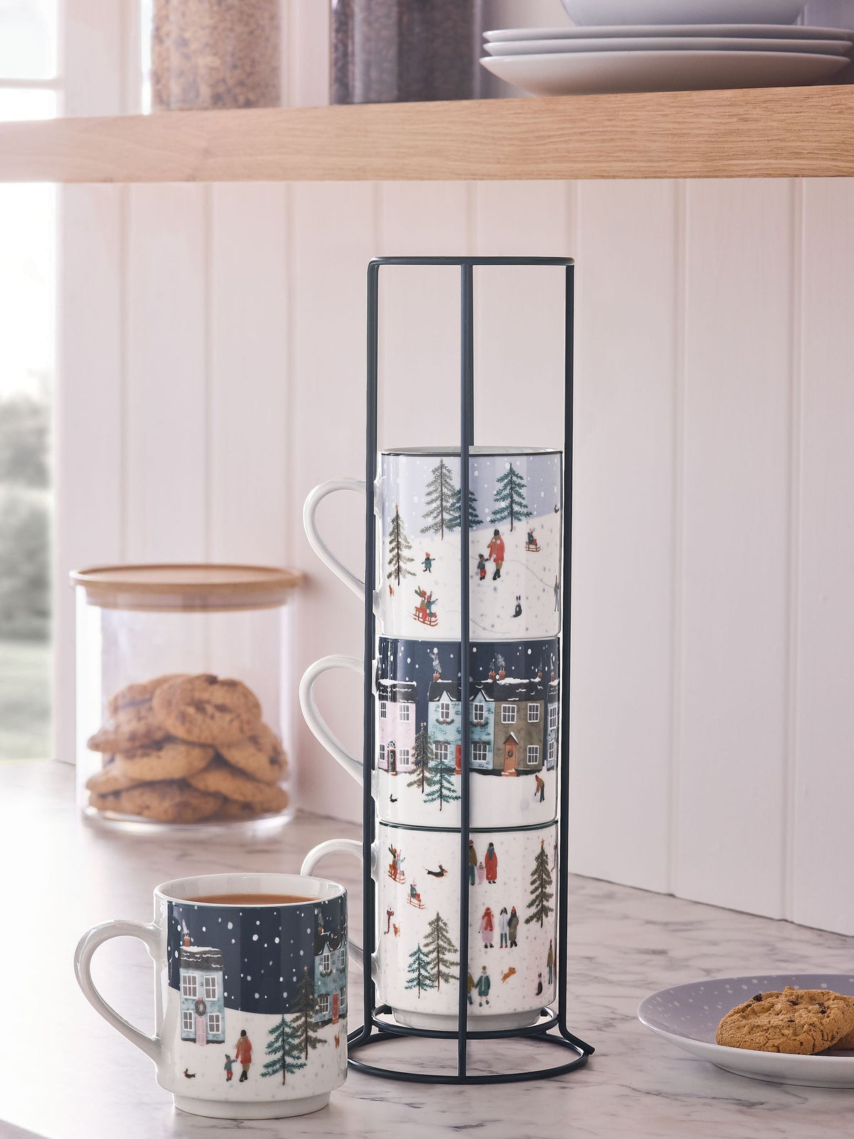 Set of 4 Navy Winter Scene Stacking Mugs with Wire Stand