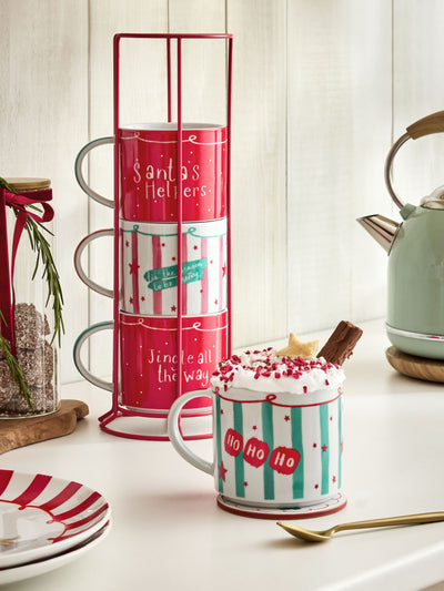 Next Set of 4 Red Santa Stacking Mugs with Wire Stand- Buy online at McGrocer