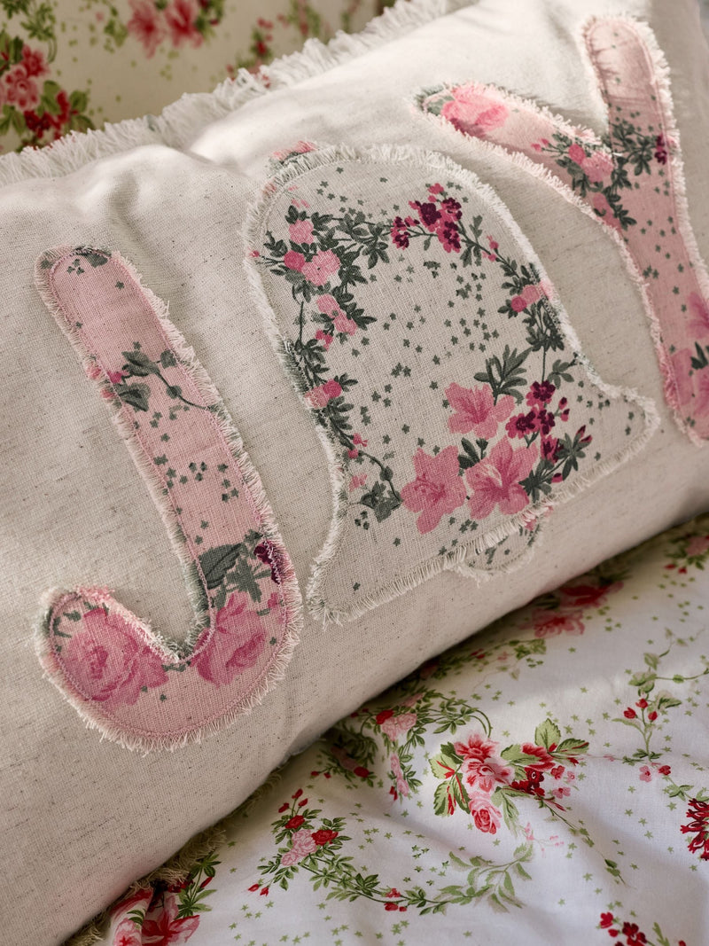 Shabby Chic pink joy floral cushion, imported from the UK