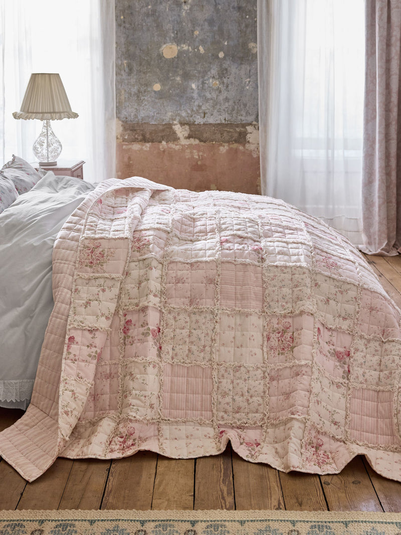 Shabby Chic pink floral ruffled patchwork bedspread, imported from the UK