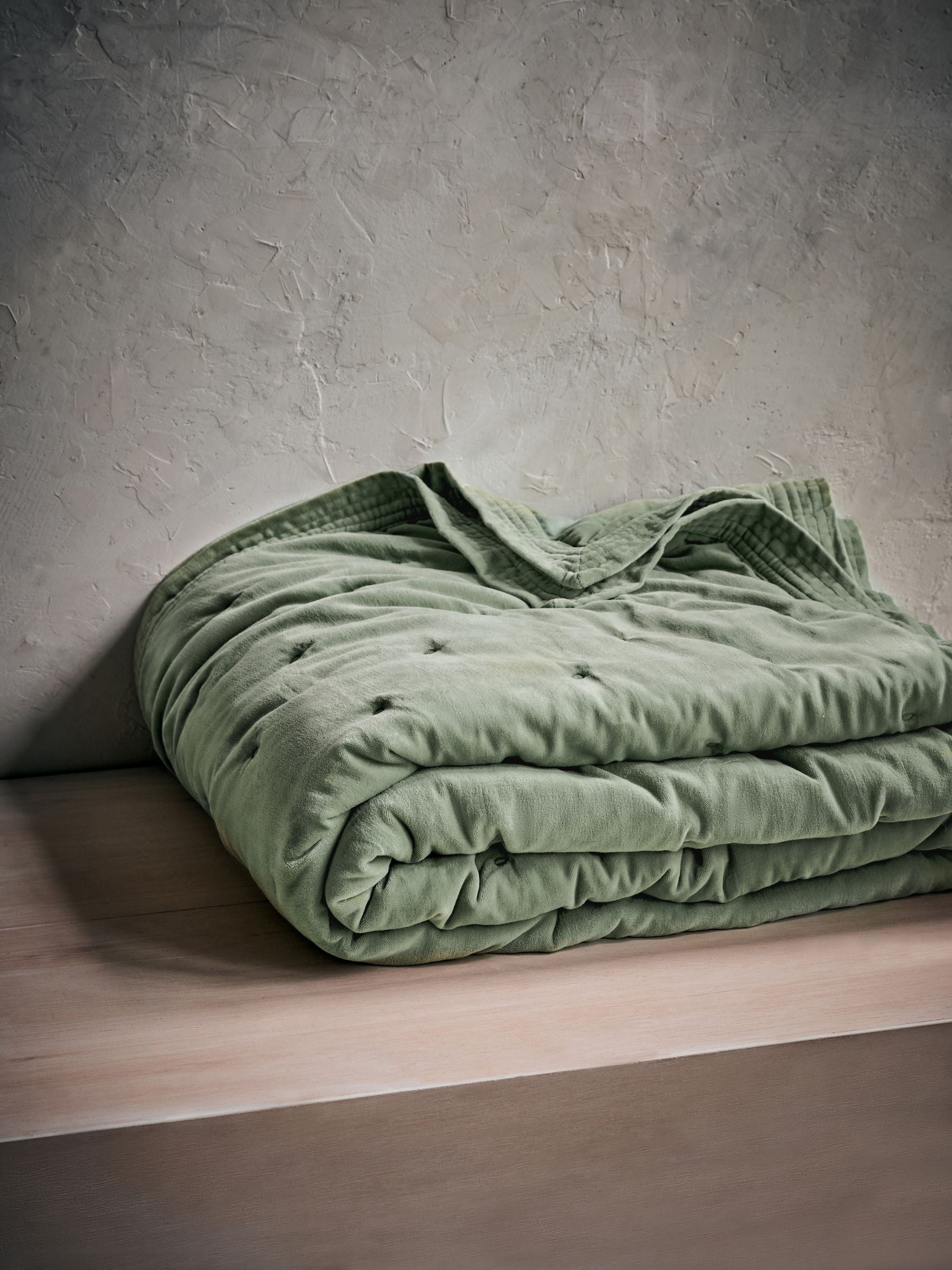 French Connection Sage Green Washed Cotton Velvet Quilted Bedspread