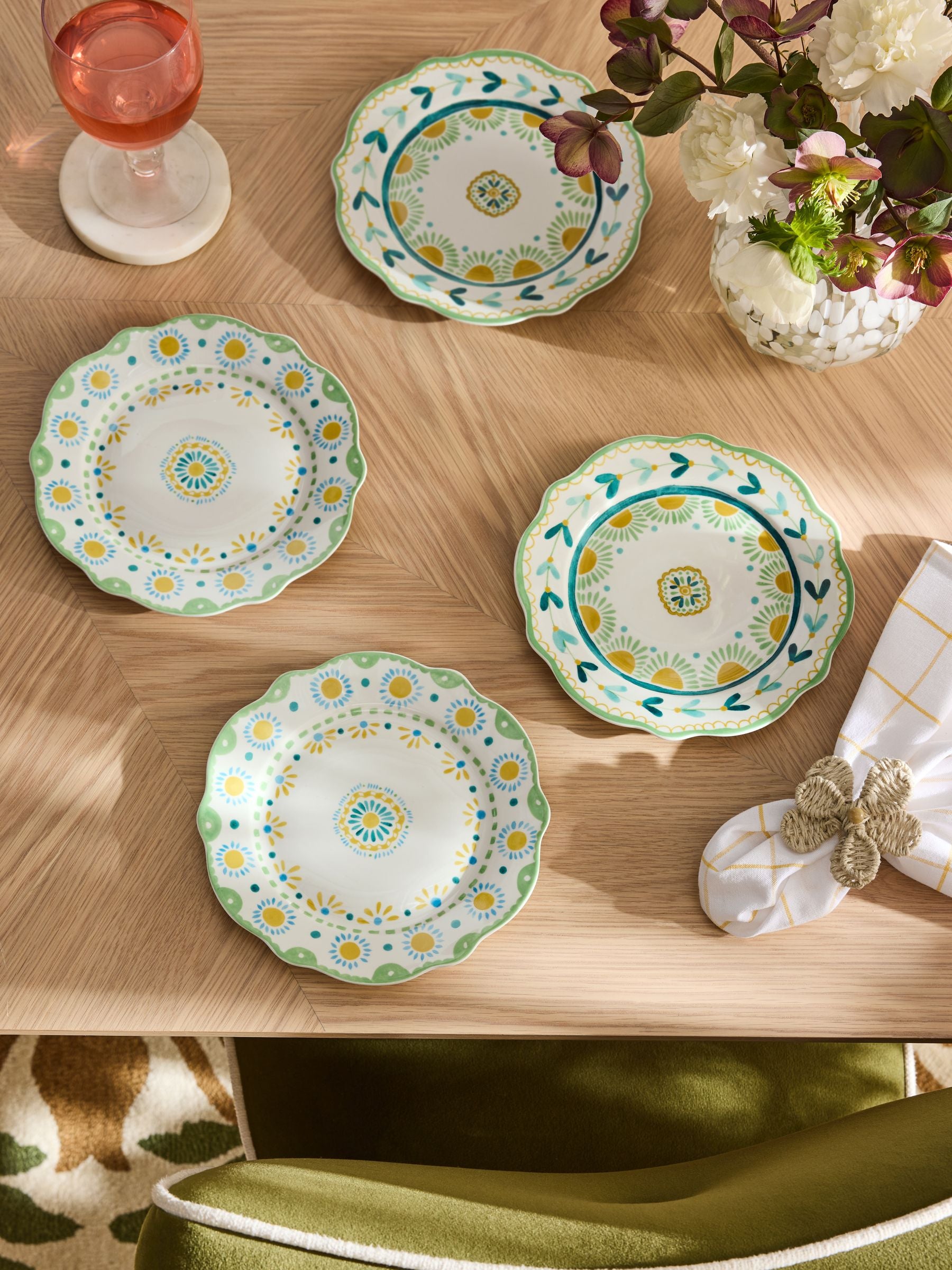 Nina Campbell yellow/teal floral print side plates set of 4 19.5cm diameter, imported from the UK