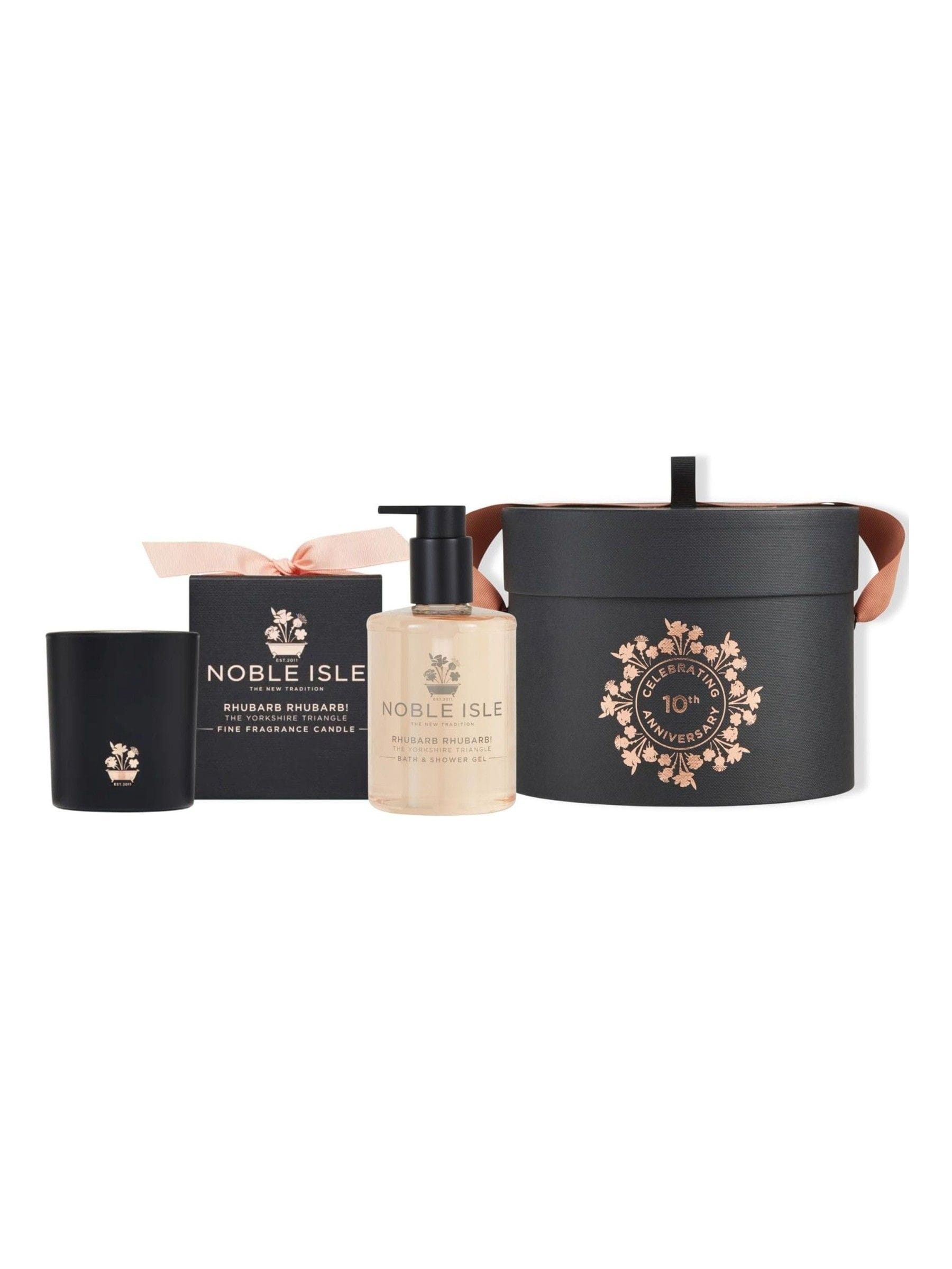 Noble Isle Rhubarb bath set with 250ml gel and 200g candle, imported from the UK