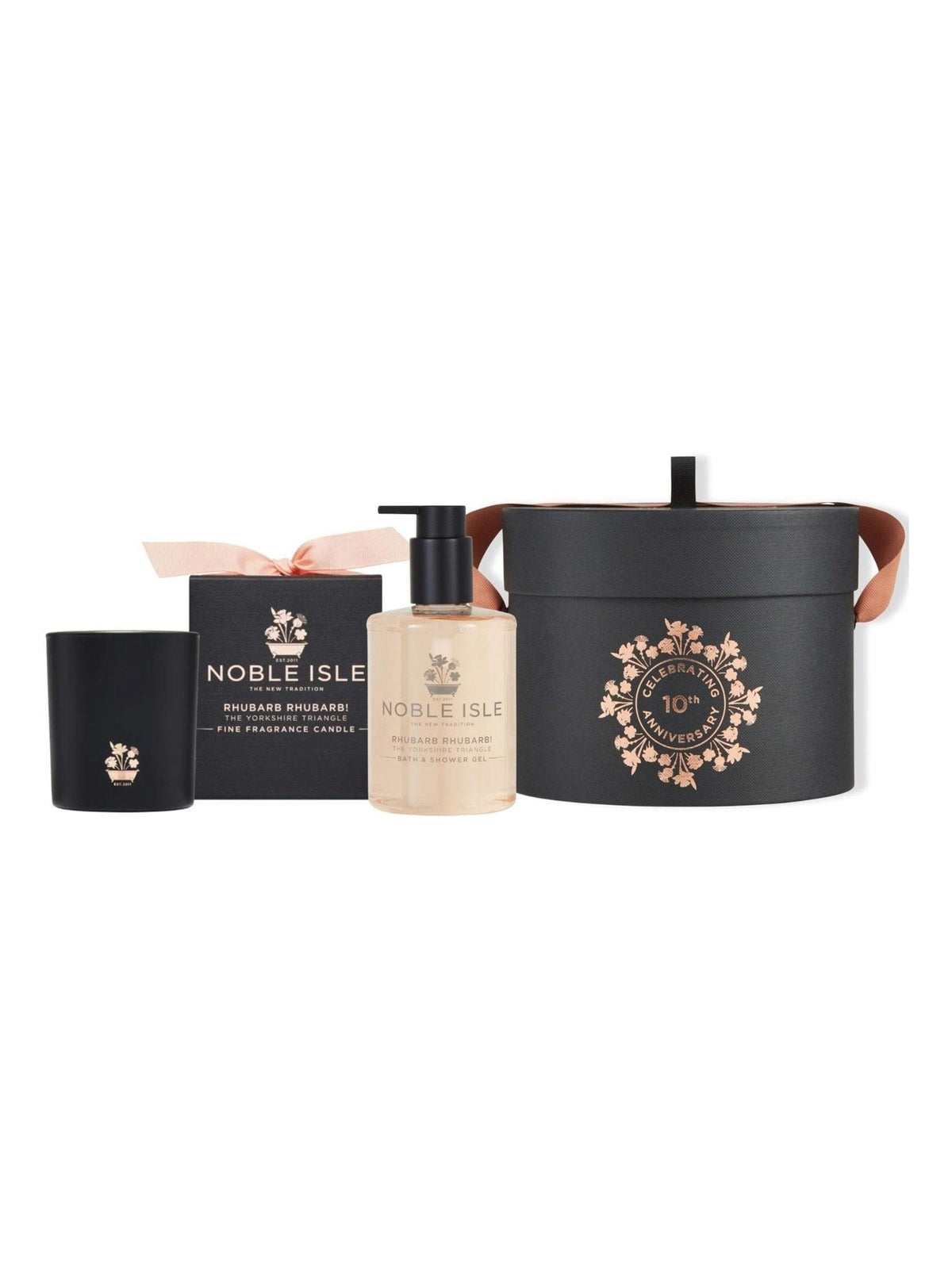 Noble Isle Rhubarb bath set with 250ml gel and 200g candle, imported from the UK