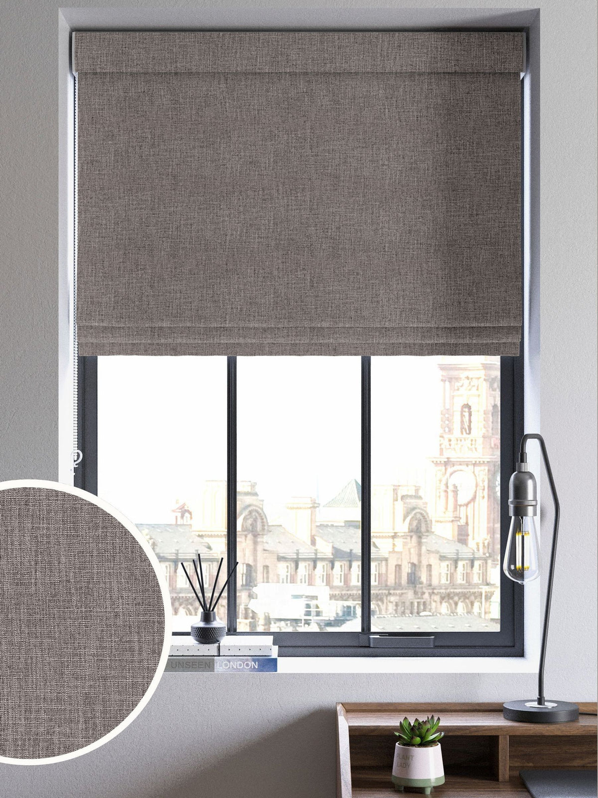 Viam Roman blind in Fog Grey, imported from the UK