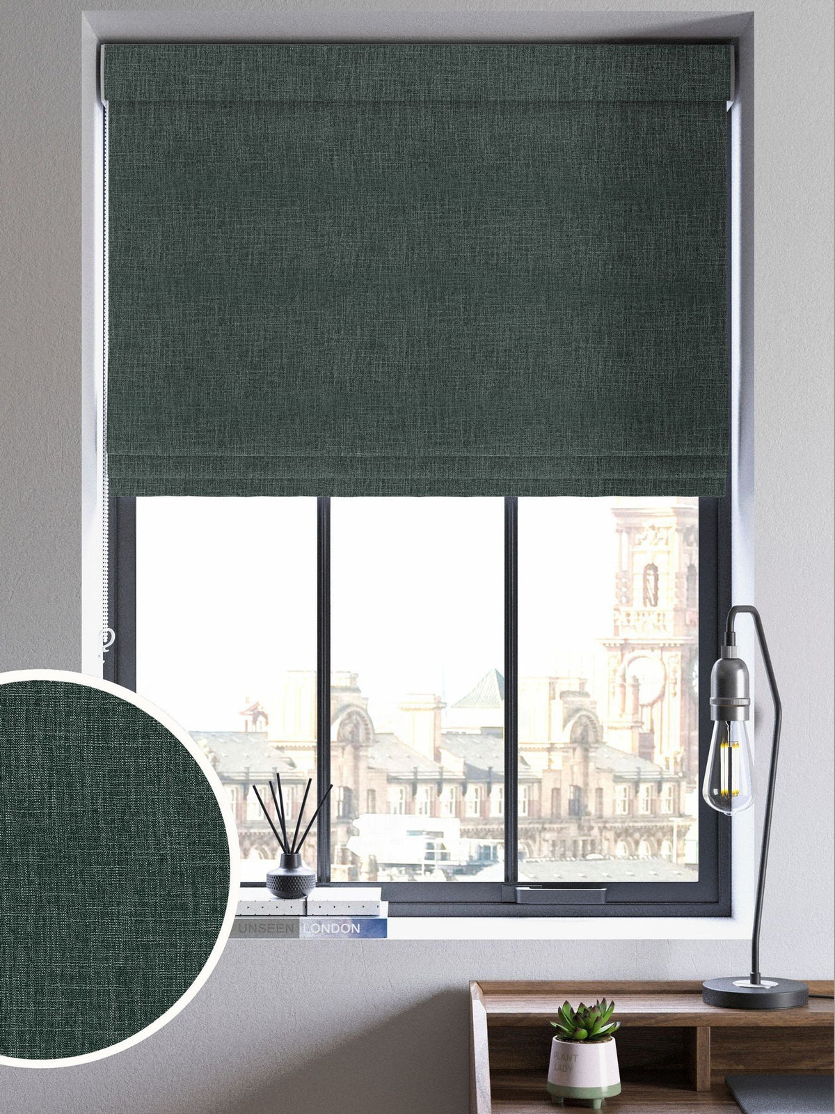 Next made to measure emerald green roman blind, imported from the UK