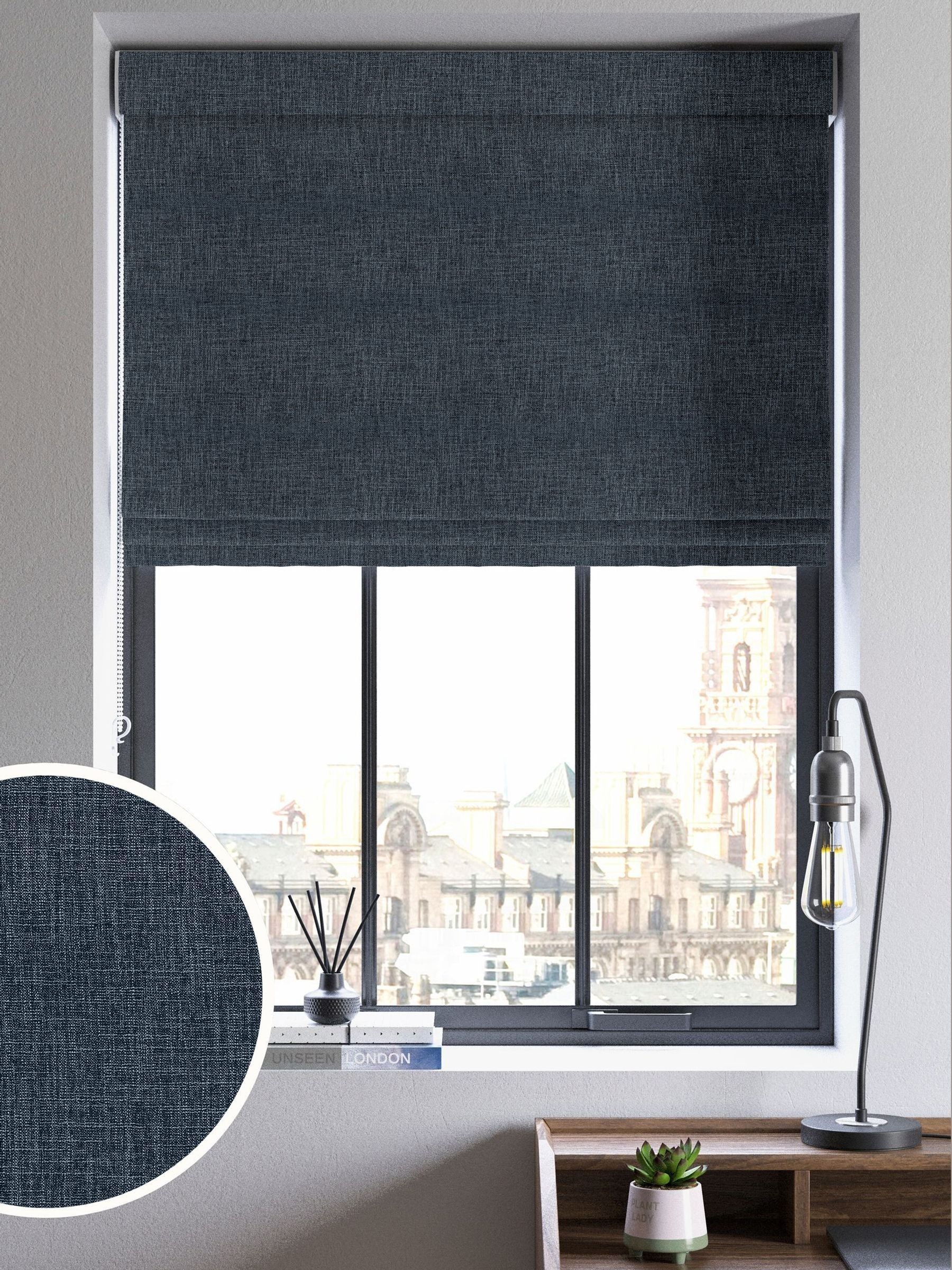 Next Ink Blue Viam made to measure roman blind, UK version
