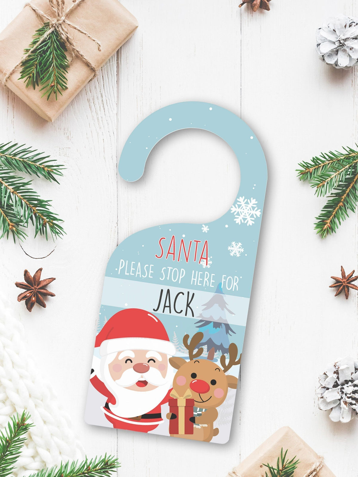Natural Personalised Santa and Reindeer Christmas Door Sign by Loveabode