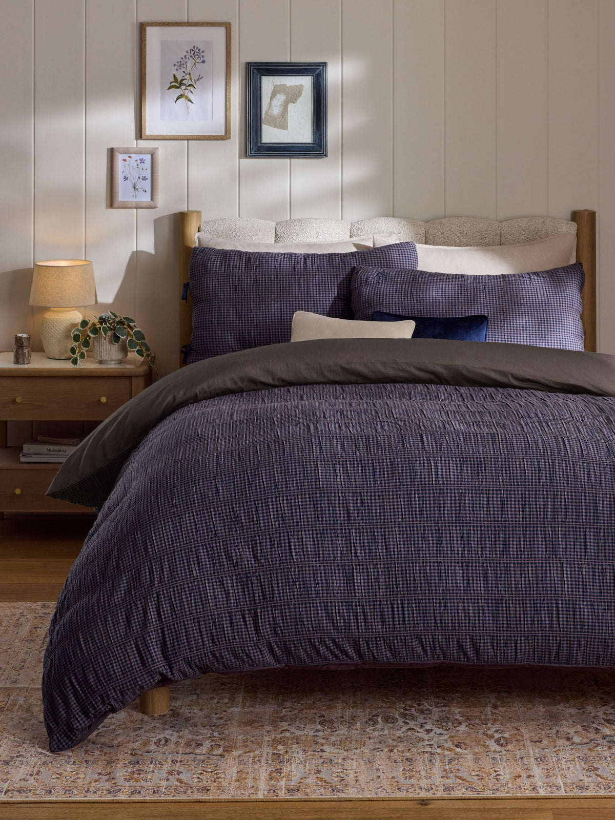 Blue gingham ruched duvet cover and pillowcase set - British product