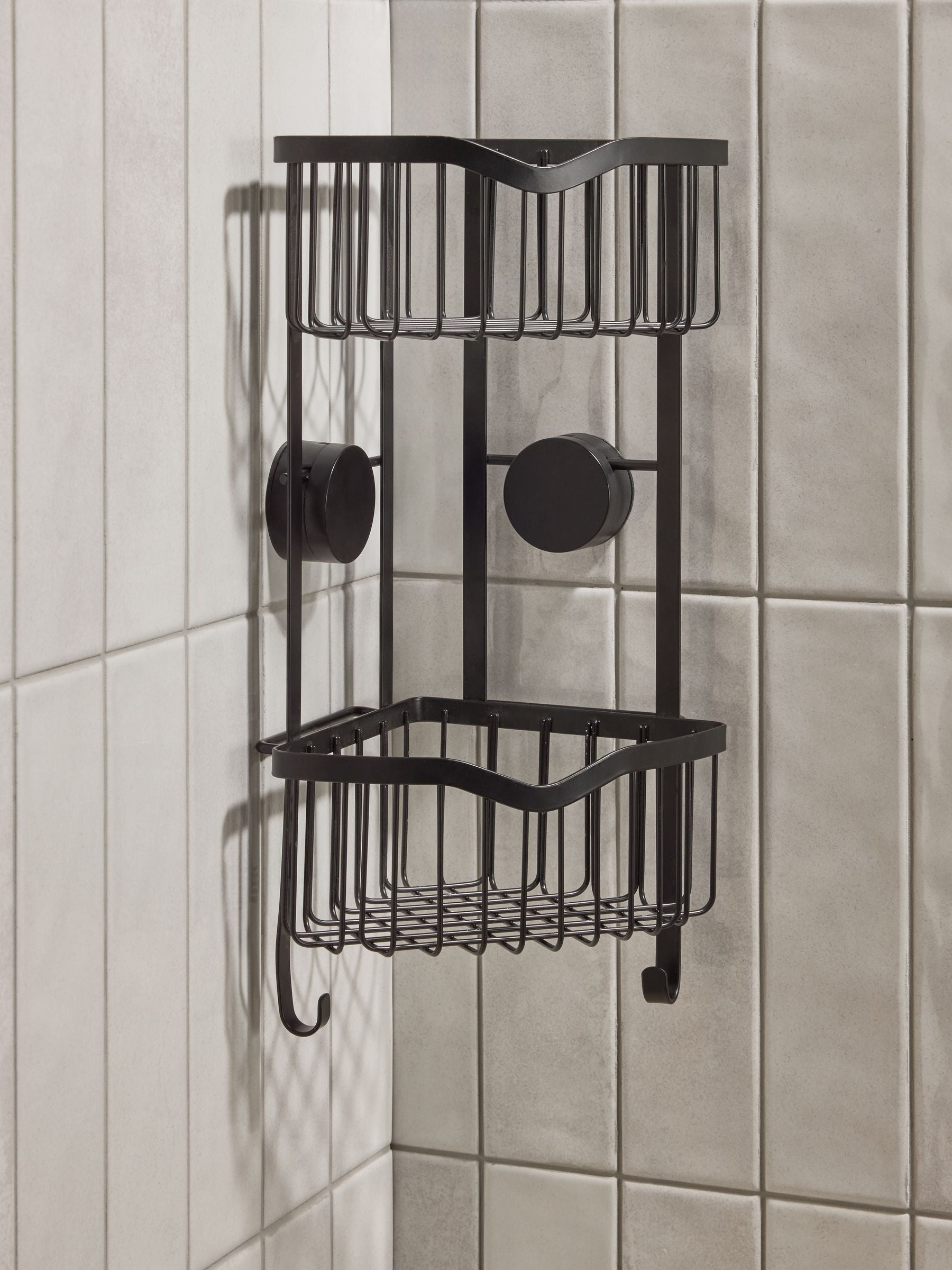 Black corner shower caddy with suction attachments 40cm height - British product