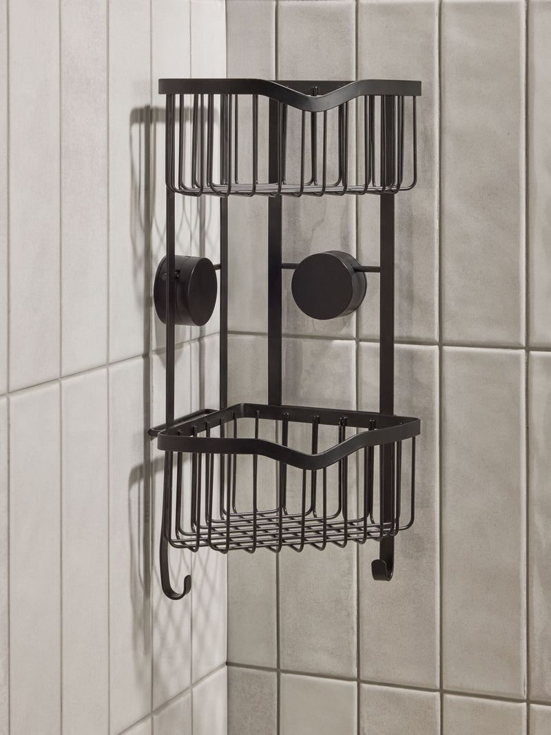 Black corner shower caddy with suction attachments 40cm height - British product