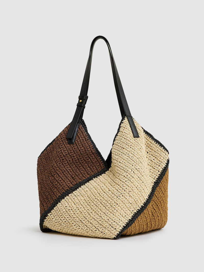 Reiss Tan Farrah Raffia-Effect Colour-Block Tote Bag