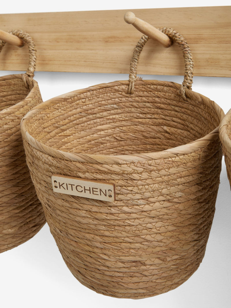 Set of 3 Natural Hanging Baskets and Wall Hooks