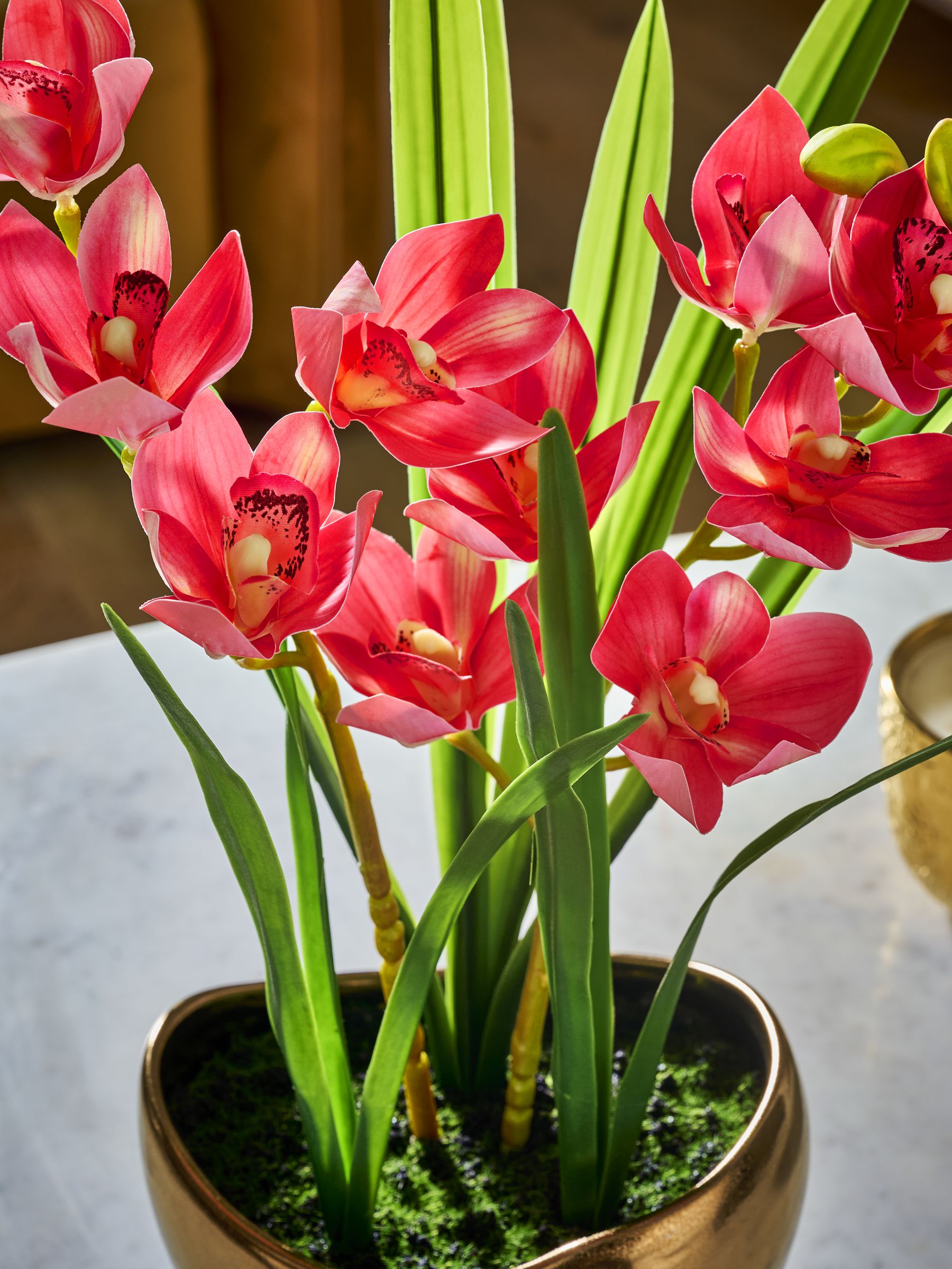 Artificial pink orchid in gold ceramic pot, 50cm tall, imported from the UK