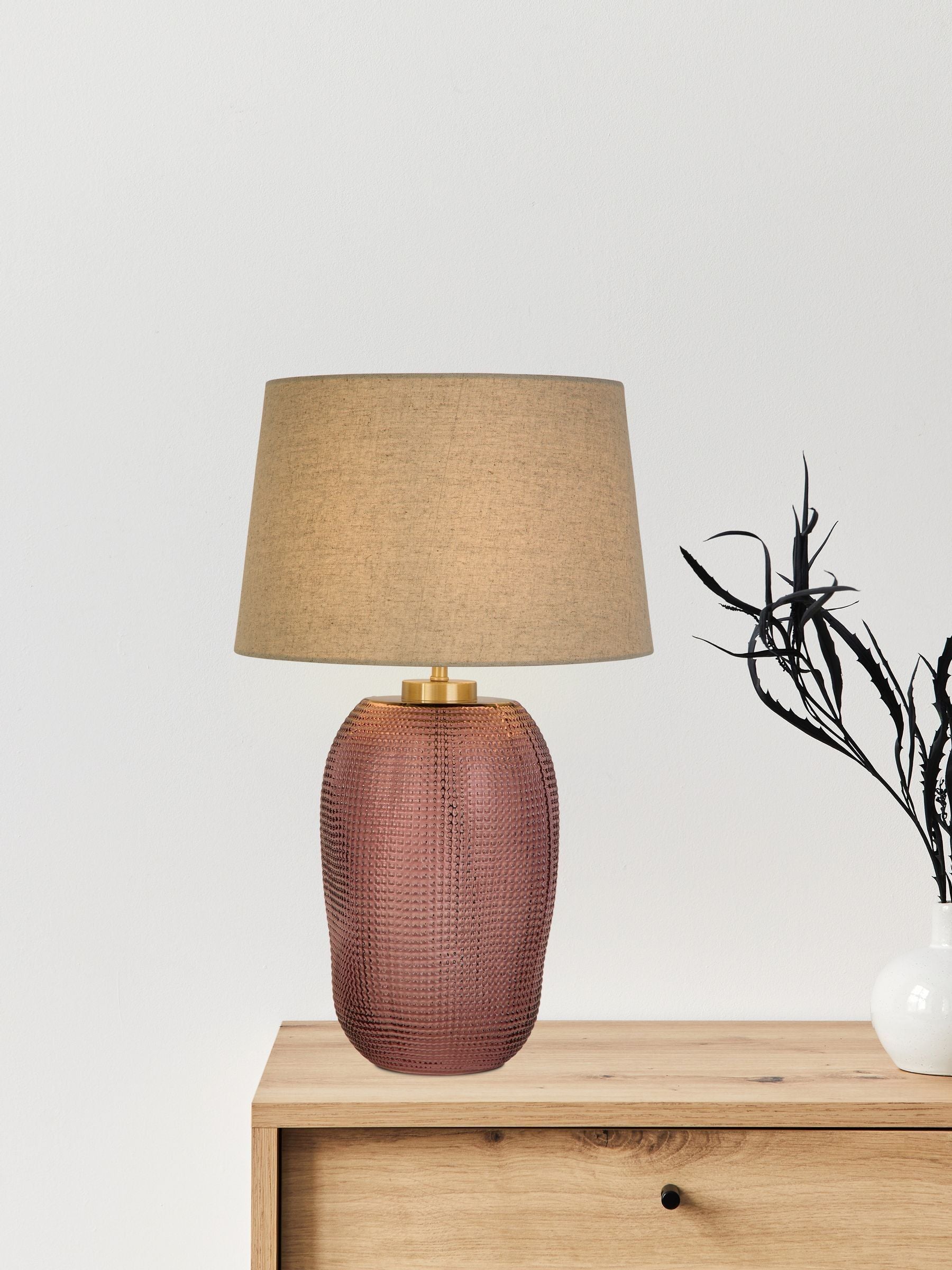 Searchlight pink glass table lamp with linen shade, imported from the UK