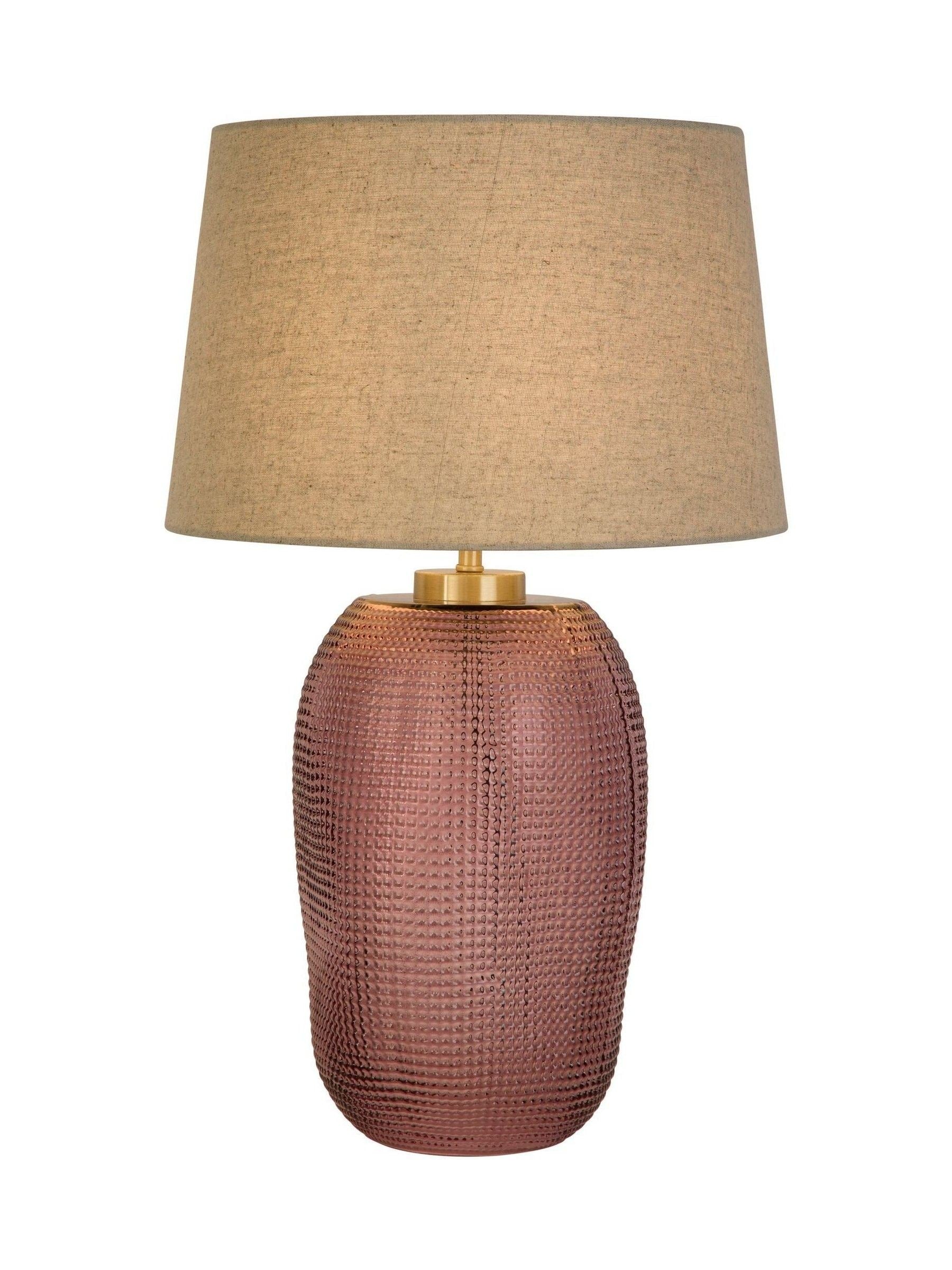 Searchlight pink glass table lamp with linen shade, imported from the UK