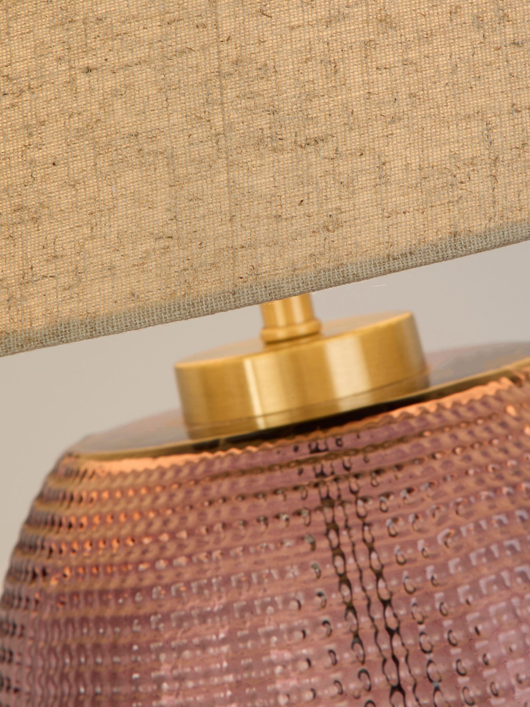 Searchlight pink glass table lamp with linen shade, imported from the UK