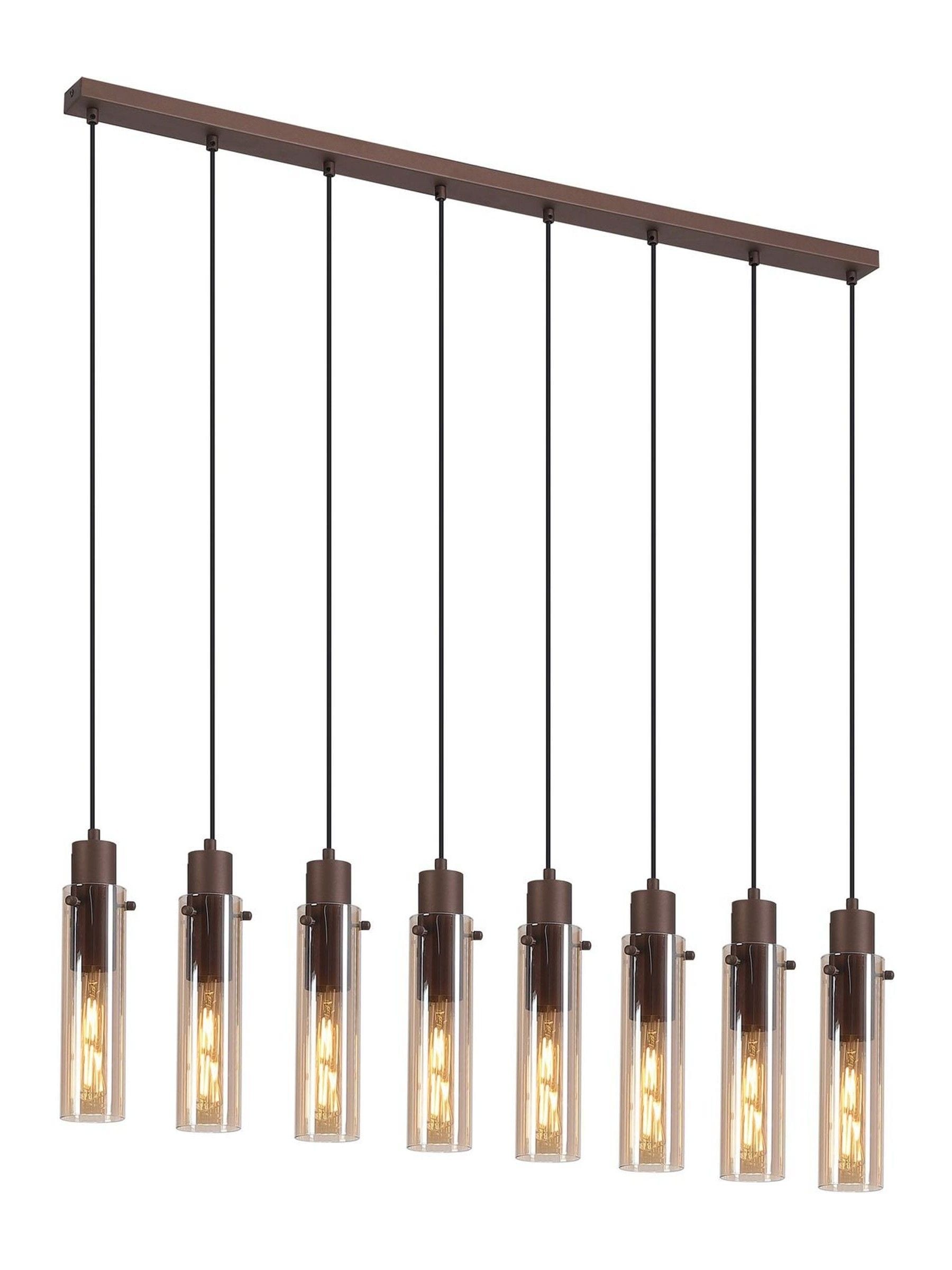 Searchlight Fira pendant light with amber glass shades, imported from the UK