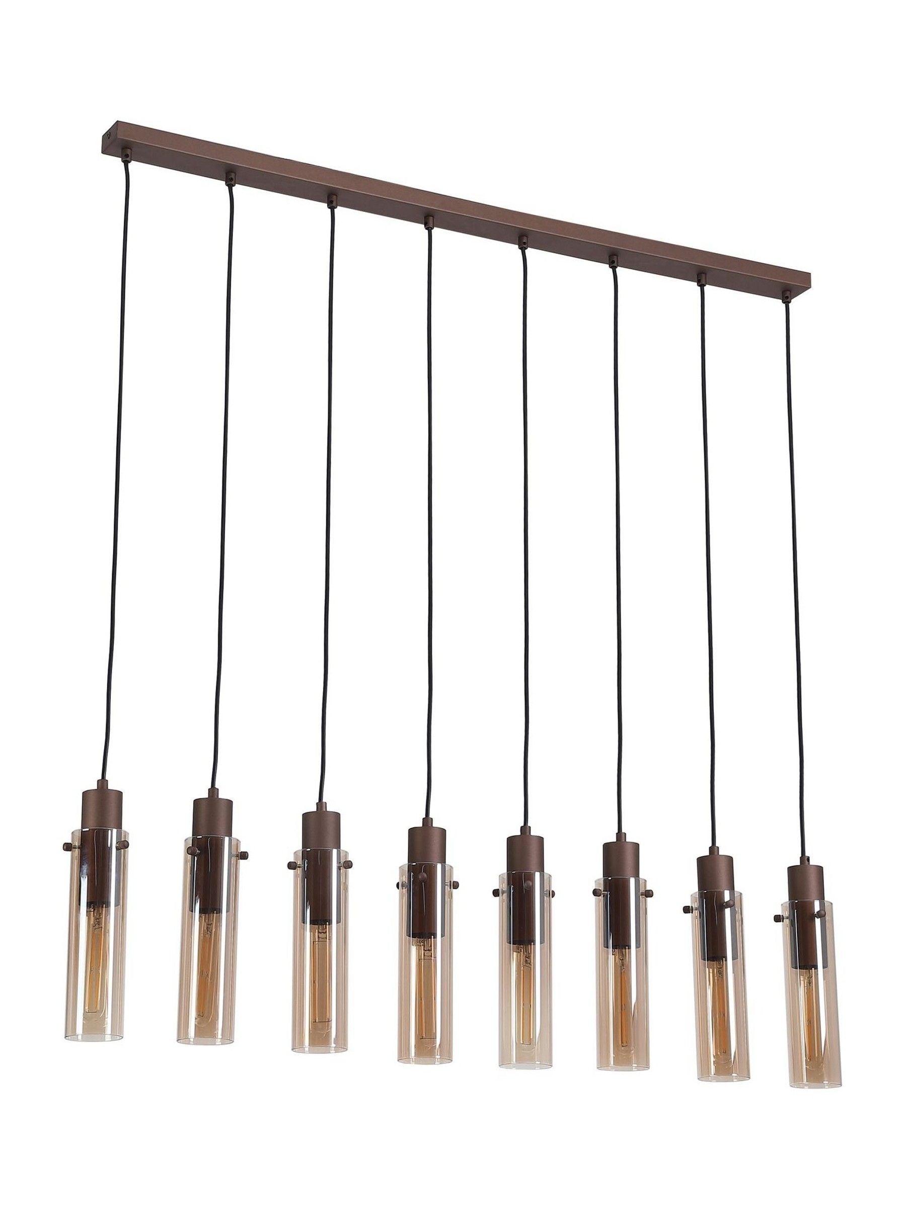 Searchlight Fira pendant light with amber glass shades, imported from the UK