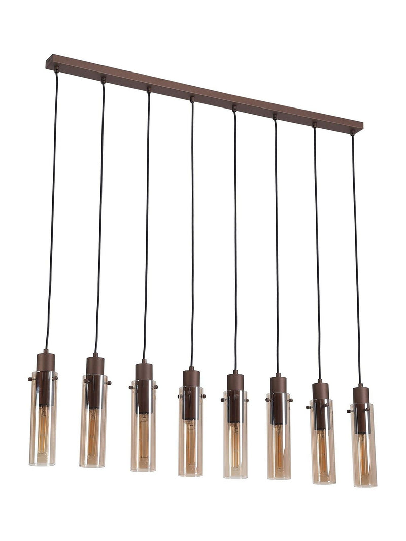 Searchlight Fira pendant light with amber glass shades, imported from the UK