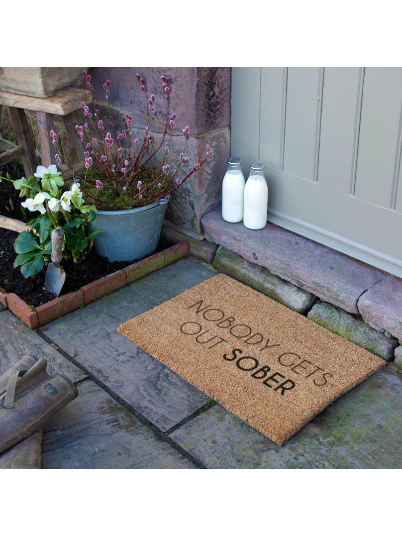 Artsy doormat 'Nobody Gets Out Sober' natural black 60x40cm (British brand)