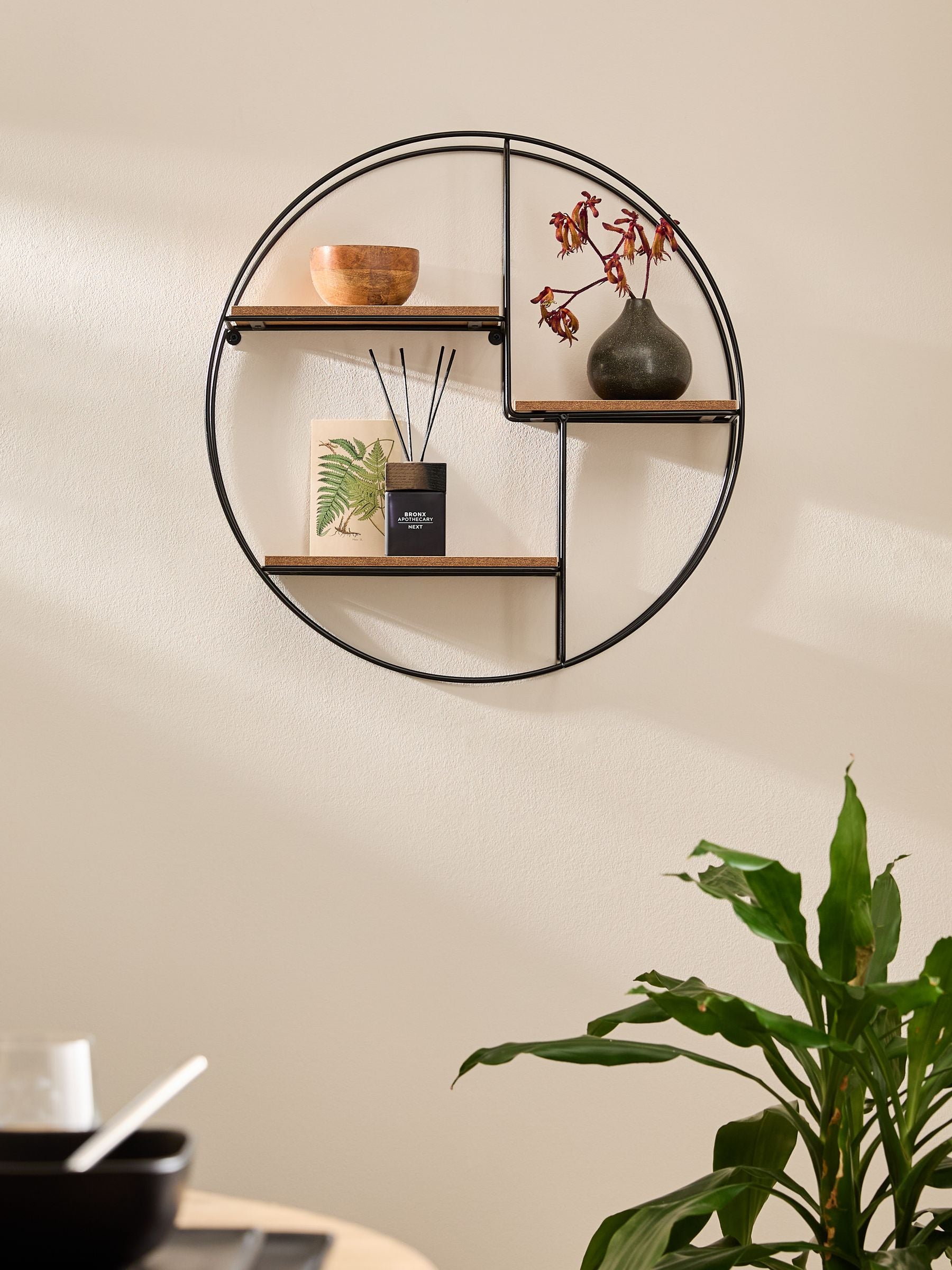 Bronx round wall shelf in dark finish 55cm - British product