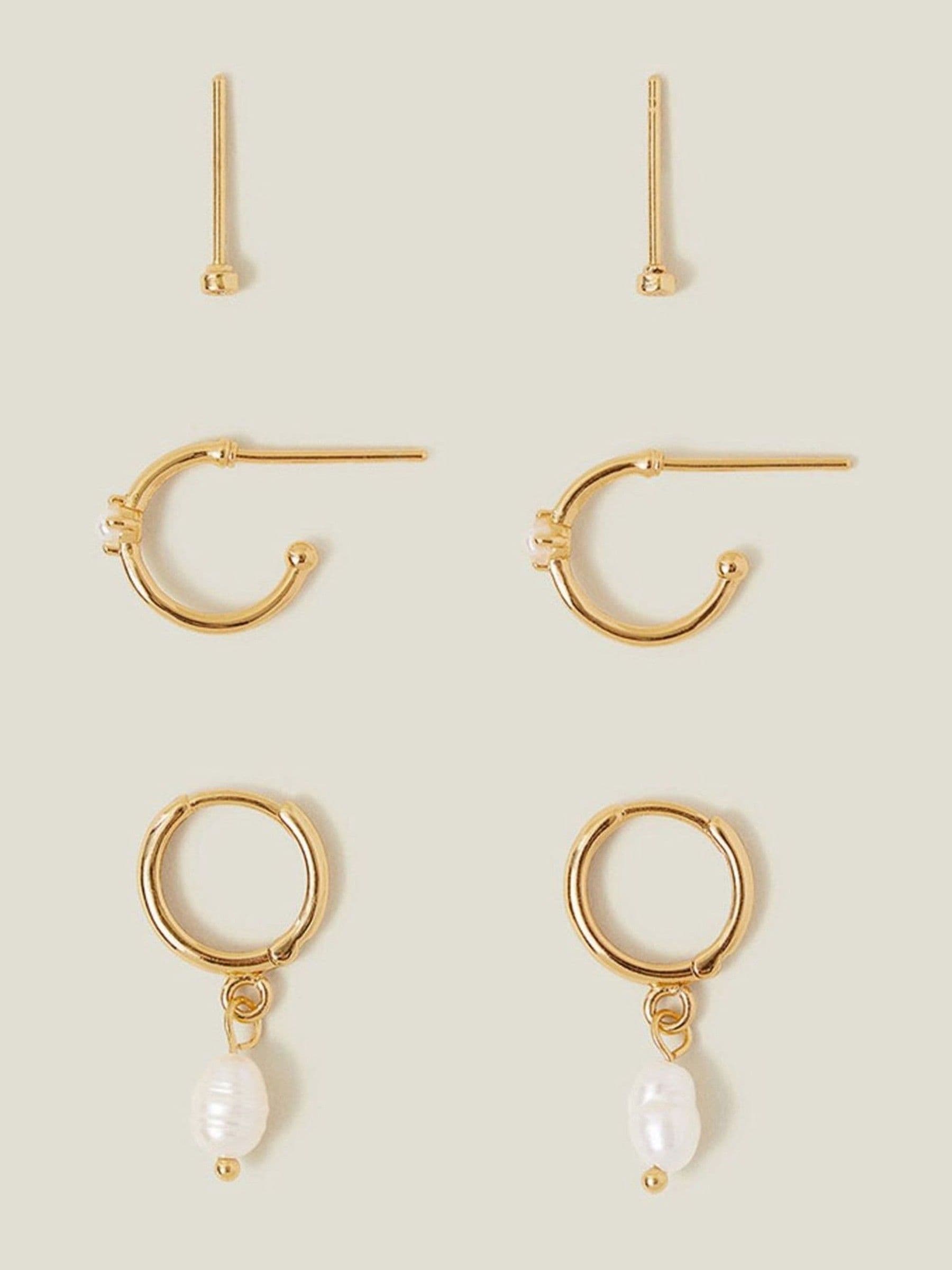 Accessorize gold plated pearl hoop earrings 3 pack - British product