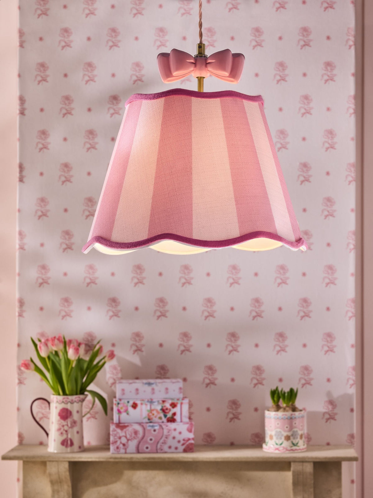 Cath Kidston pink/white stripe canopy bow pendant light 35cm, UK version