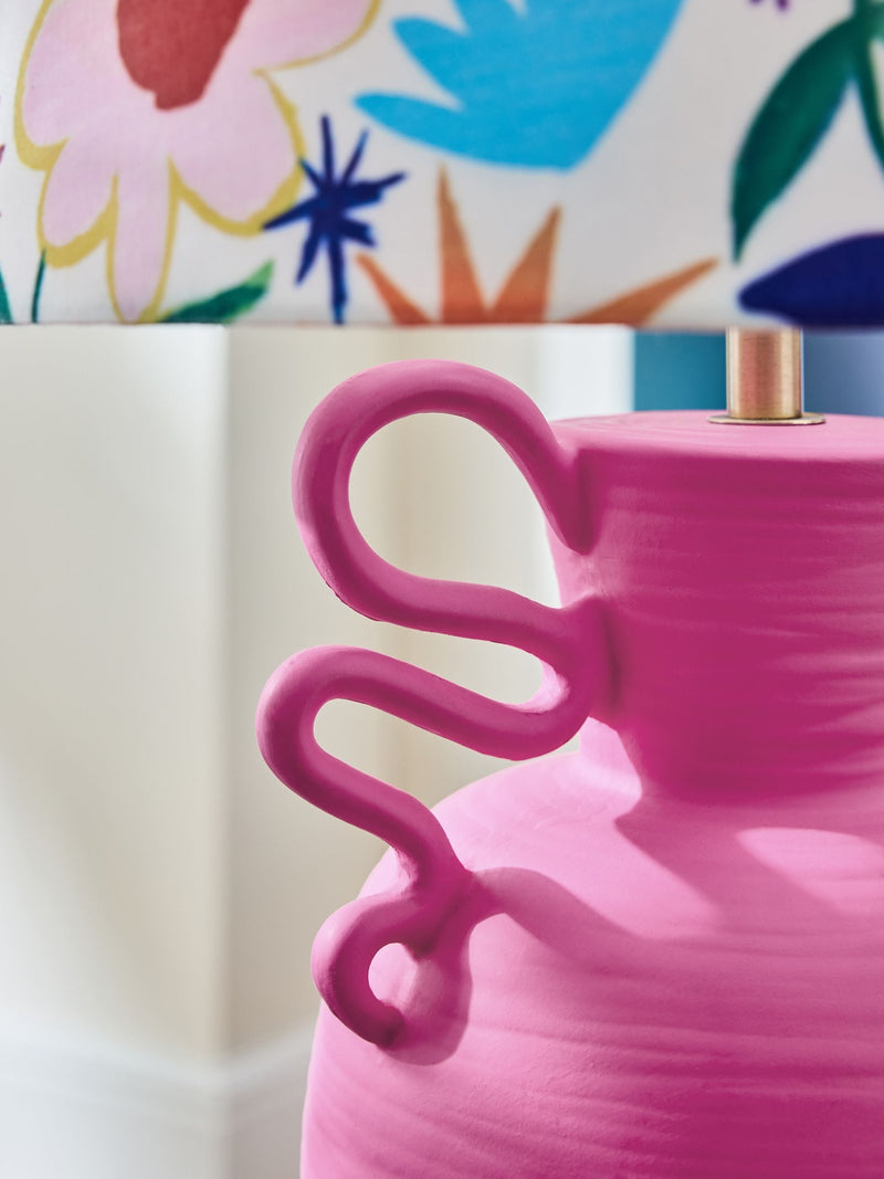 Eleanor Bowmer pink love print table lamp, imported from the UK