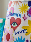 Eleanor Bowmer pink love print table lamp, imported from the UK