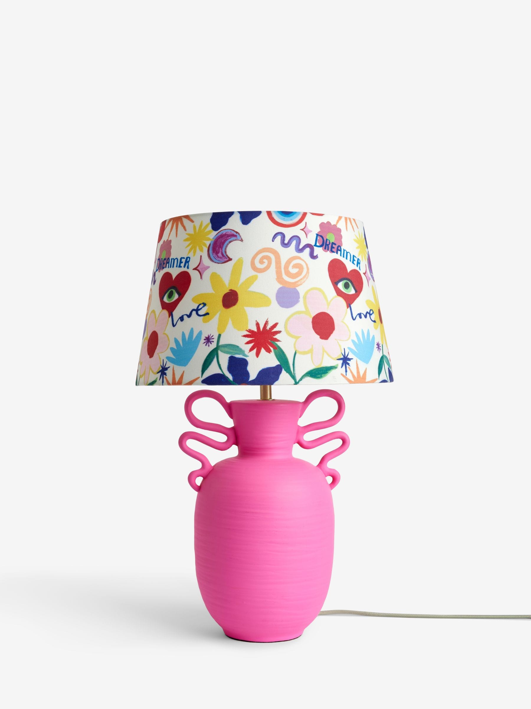 Eleanor Bowmer pink love print table lamp, imported from the UK