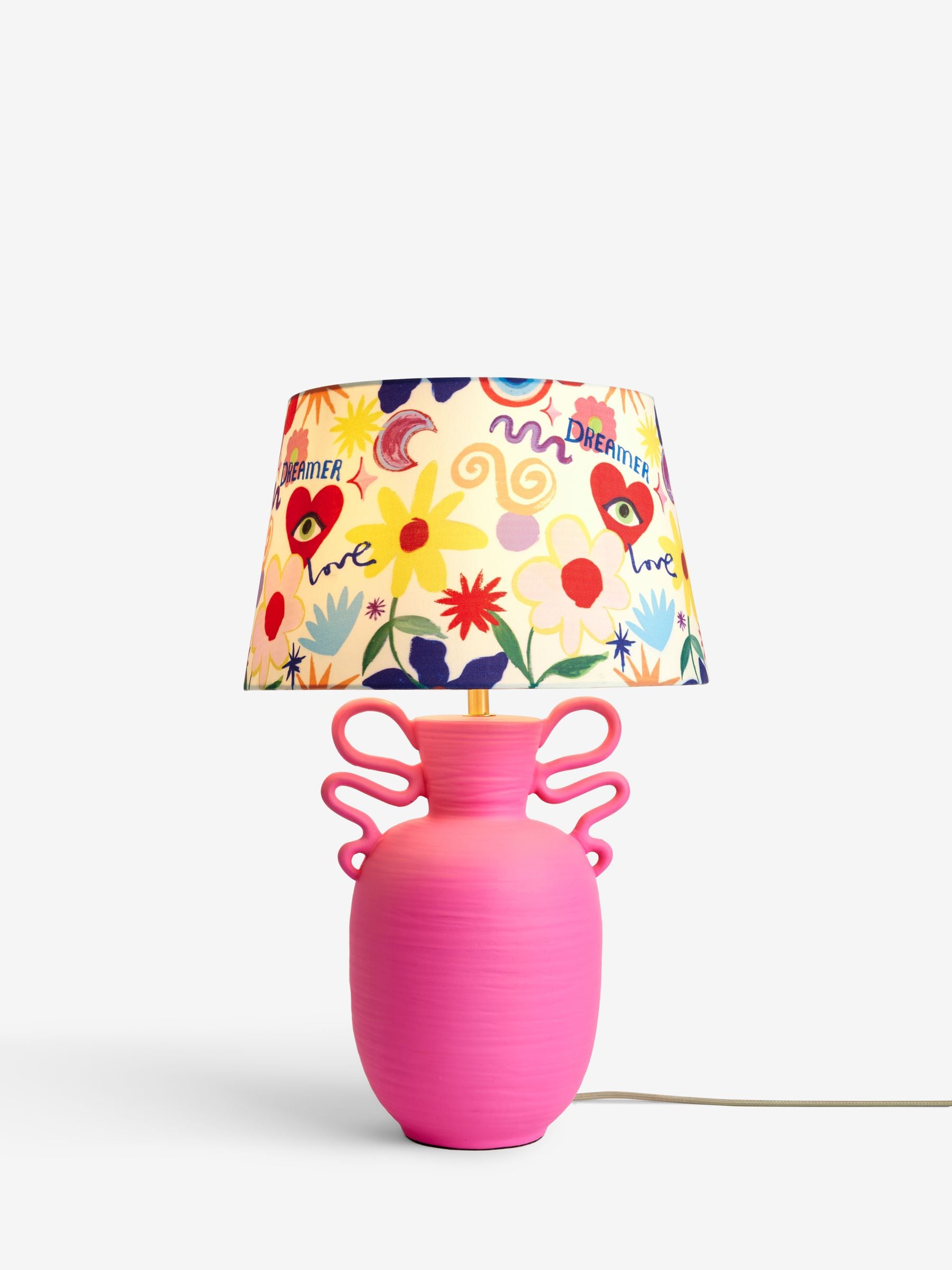 Eleanor Bowmer pink love print table lamp, imported from the UK