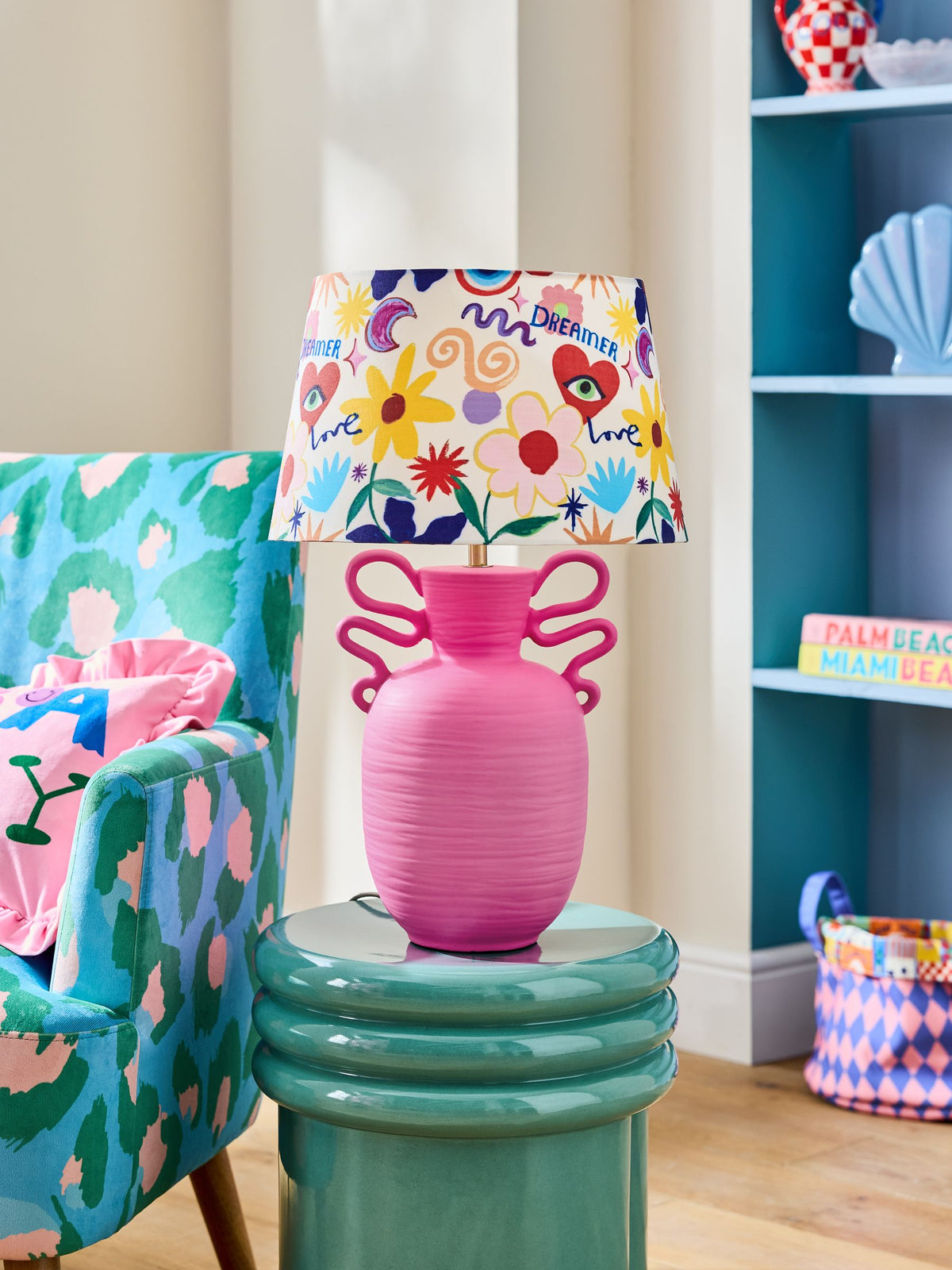 Eleanor Bowmer pink love print table lamp, imported from the UK