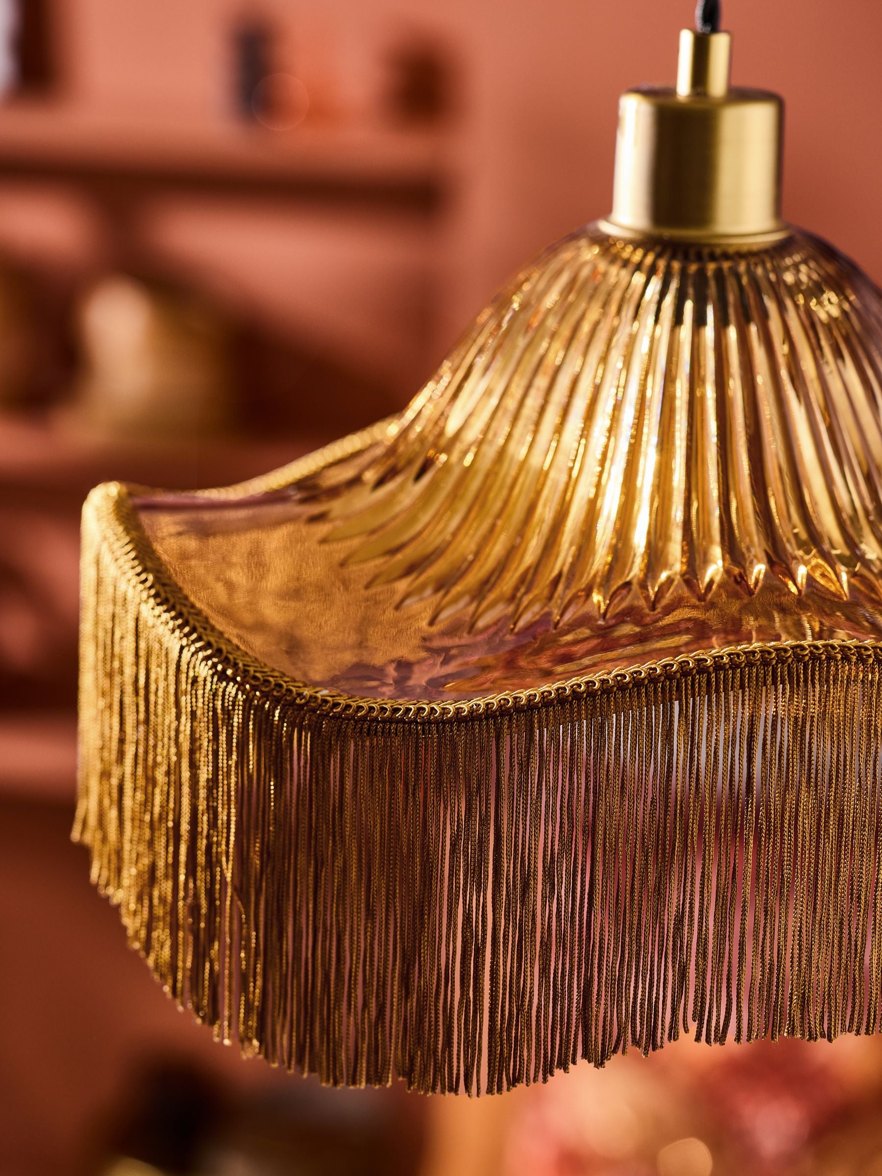 Laurence Llewelyn-Bowen Speakeasy fringe pendant light amber glass 33cm - British product