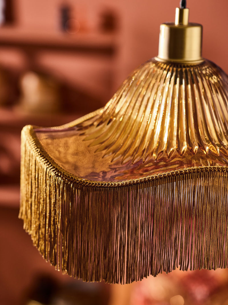 Laurence Llewelyn-Bowen Speakeasy fringe pendant light amber glass 33cm - British product