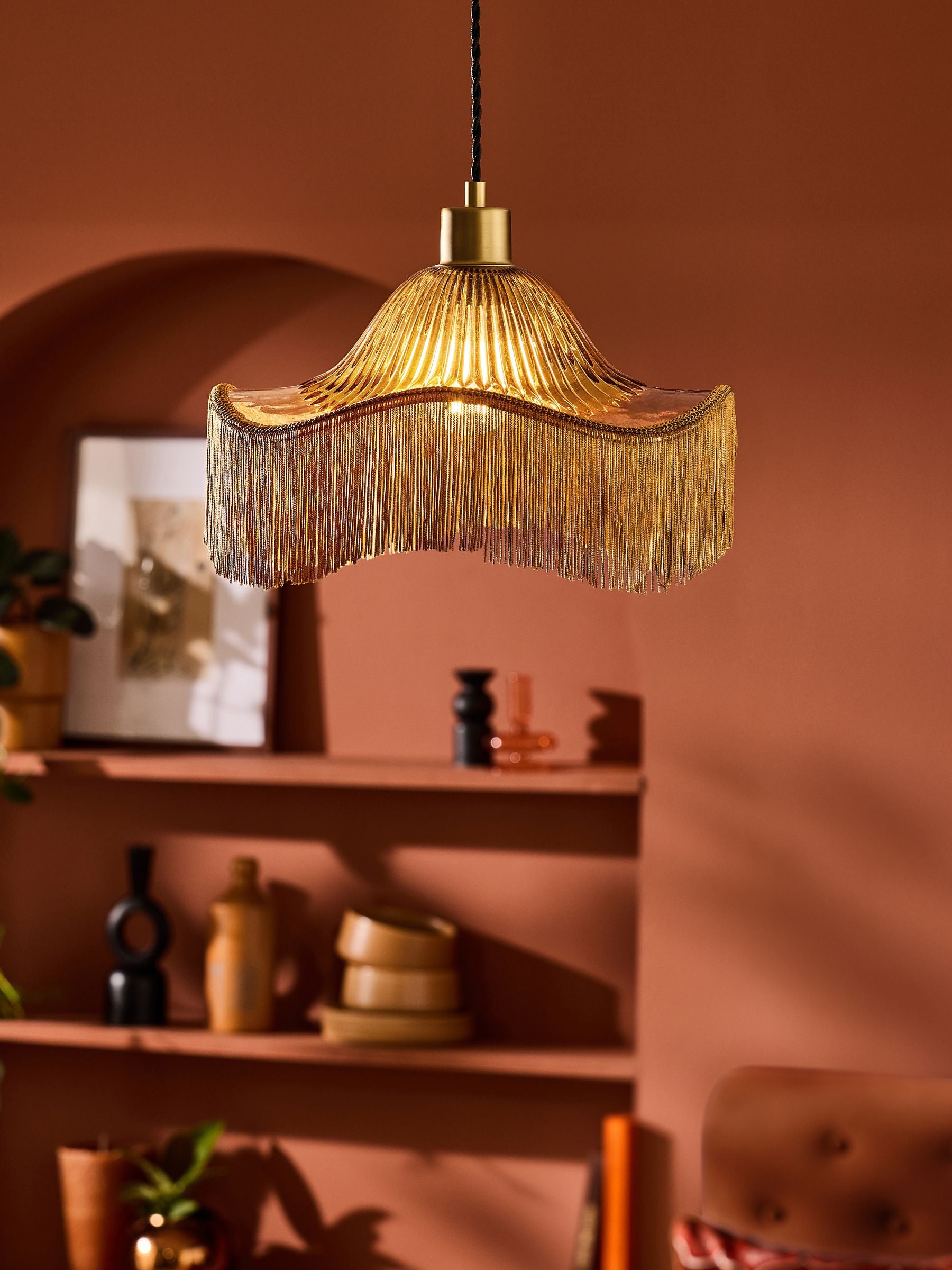Laurence Llewelyn-Bowen Speakeasy fringe pendant light amber glass 33cm - British product