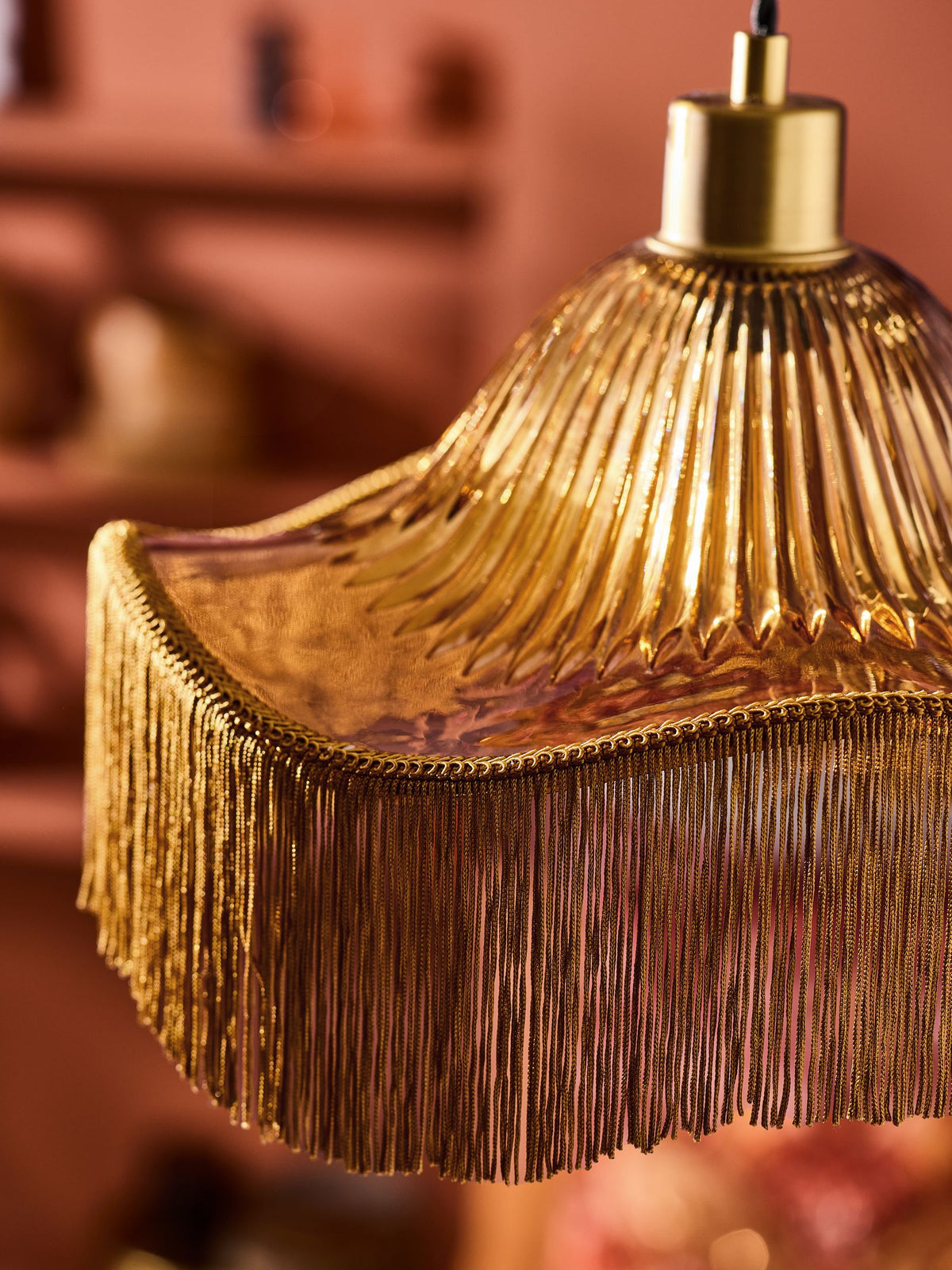 Laurence Llewelyn-Bowen Speakeasy fringe pendant light amber glass 33cm - British product