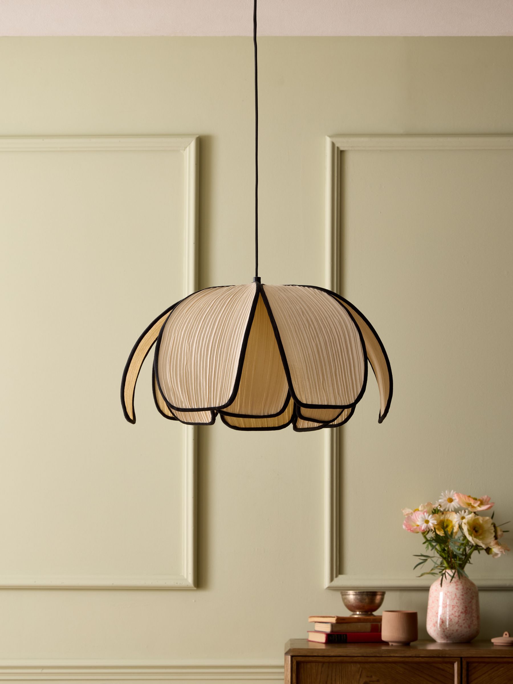Nina Campbell Petalum cream black pendant light, imported from the UK