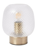 Oliver Bonas table lantern with textured glass shade and brass base, imported from the UK