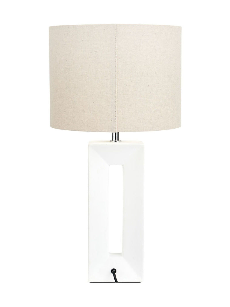 Pacific white ceramic tall table lamp linen shade, imported from the UK