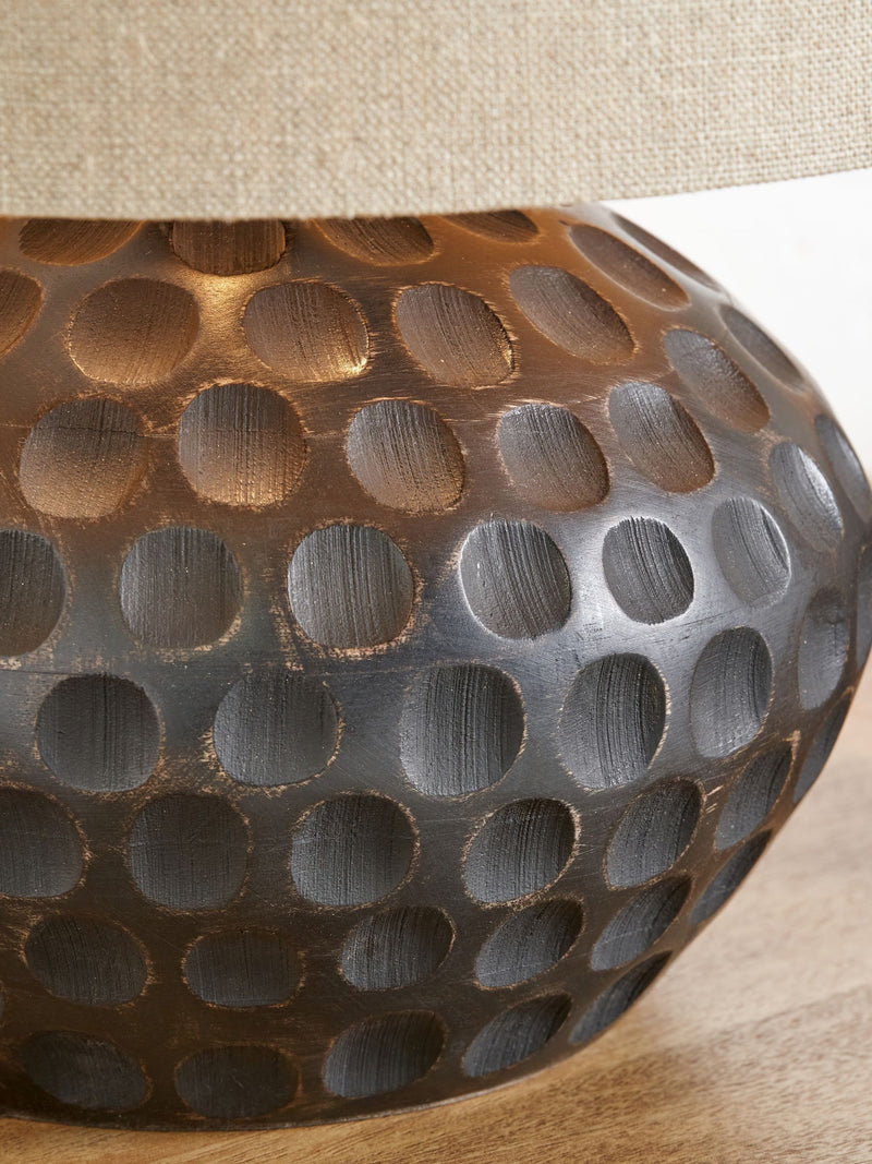 Mango wood lamp antique black linen shade, imported from the UK