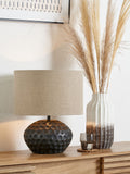 Mango wood lamp antique black linen shade, imported from the UK