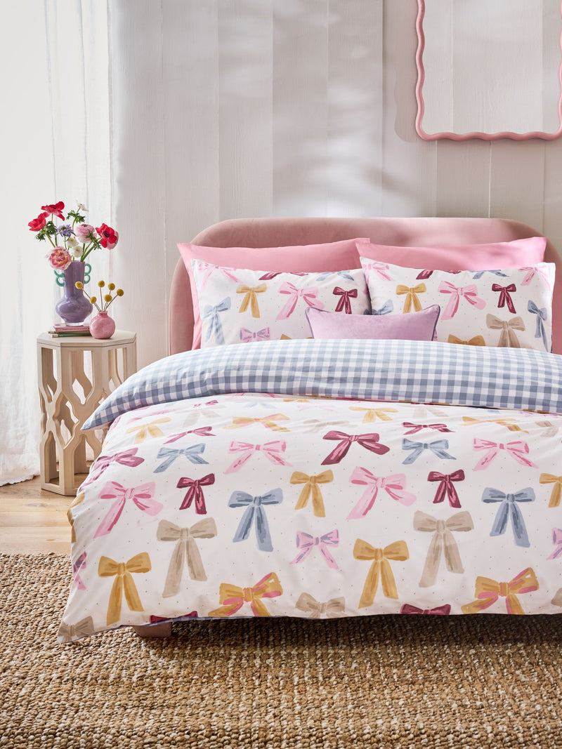 Multicolour bows reversible duvet cover and pillowcase set, imported from the UK
