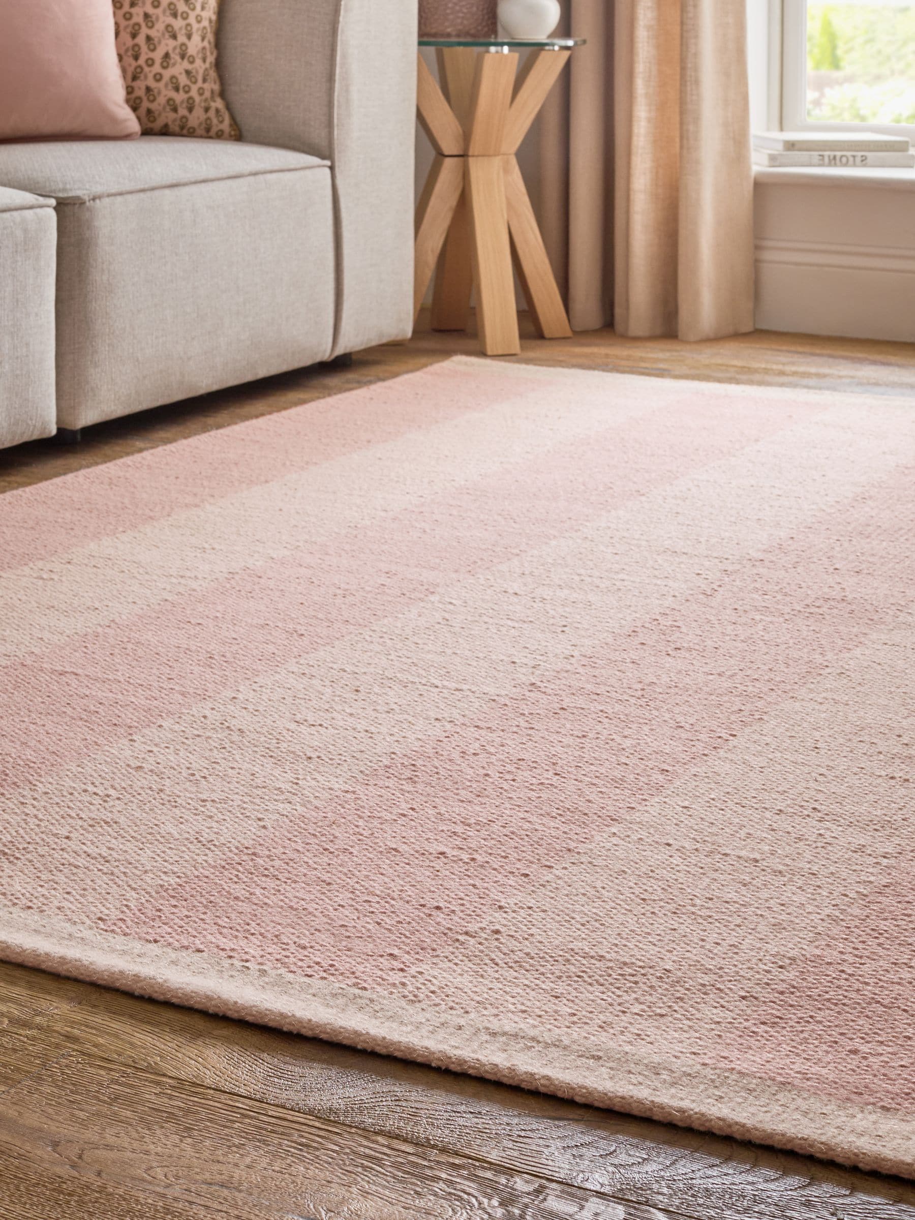 Pink bold stripe woven rug, wool and cotton - British product