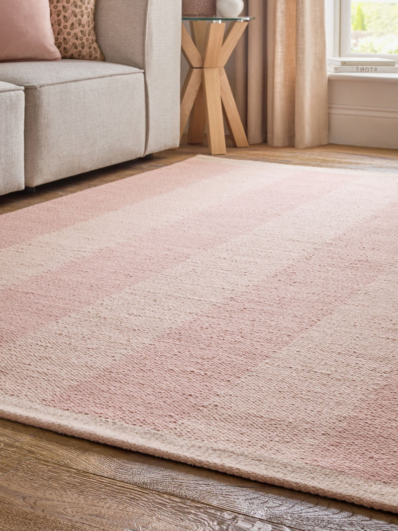 Pink bold stripe woven rug, wool and cotton - British product