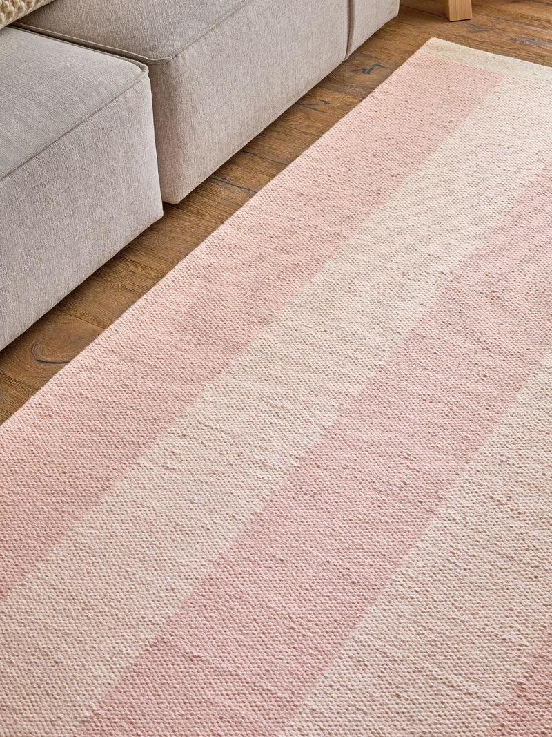 Pink bold stripe woven rug, wool and cotton - British product