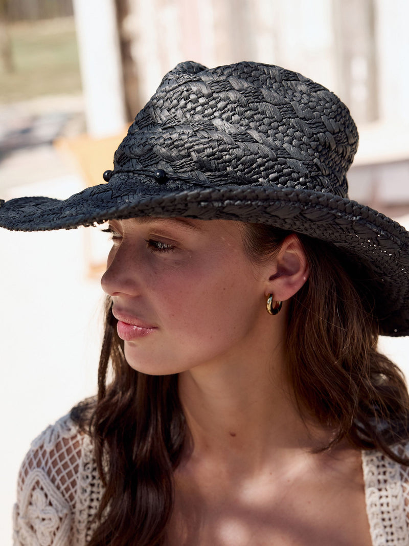 Black western straw-look hat with beaded trim and wide brim - British product